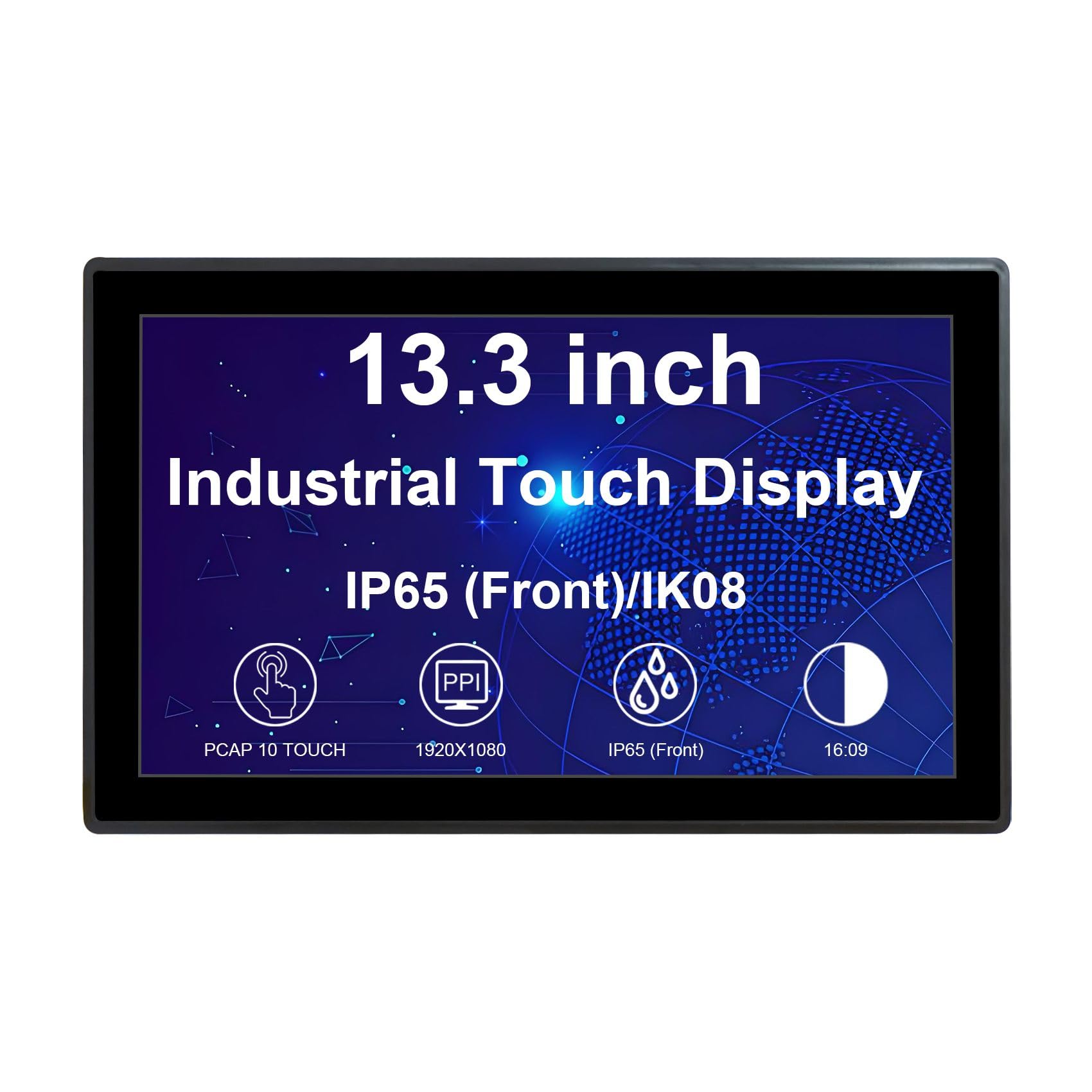 VSDISPLAY Monitor industriale di tocco di 13.3 pollici, 1920×1080, 300 nits | IP65 anteriore, tocco di 10 punti, ampio angolo di visione, corpo del metallo