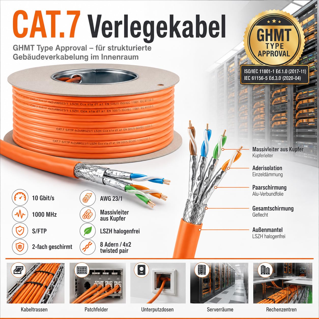 1aTTack.de Câble d'installation CAT 7 Câble réseau GHMT Câble d'installation LAN CAT.7 sans halogène Câble CAT7 Câblage réseau Câble de données Gigabit cuivre Ethernet 100m