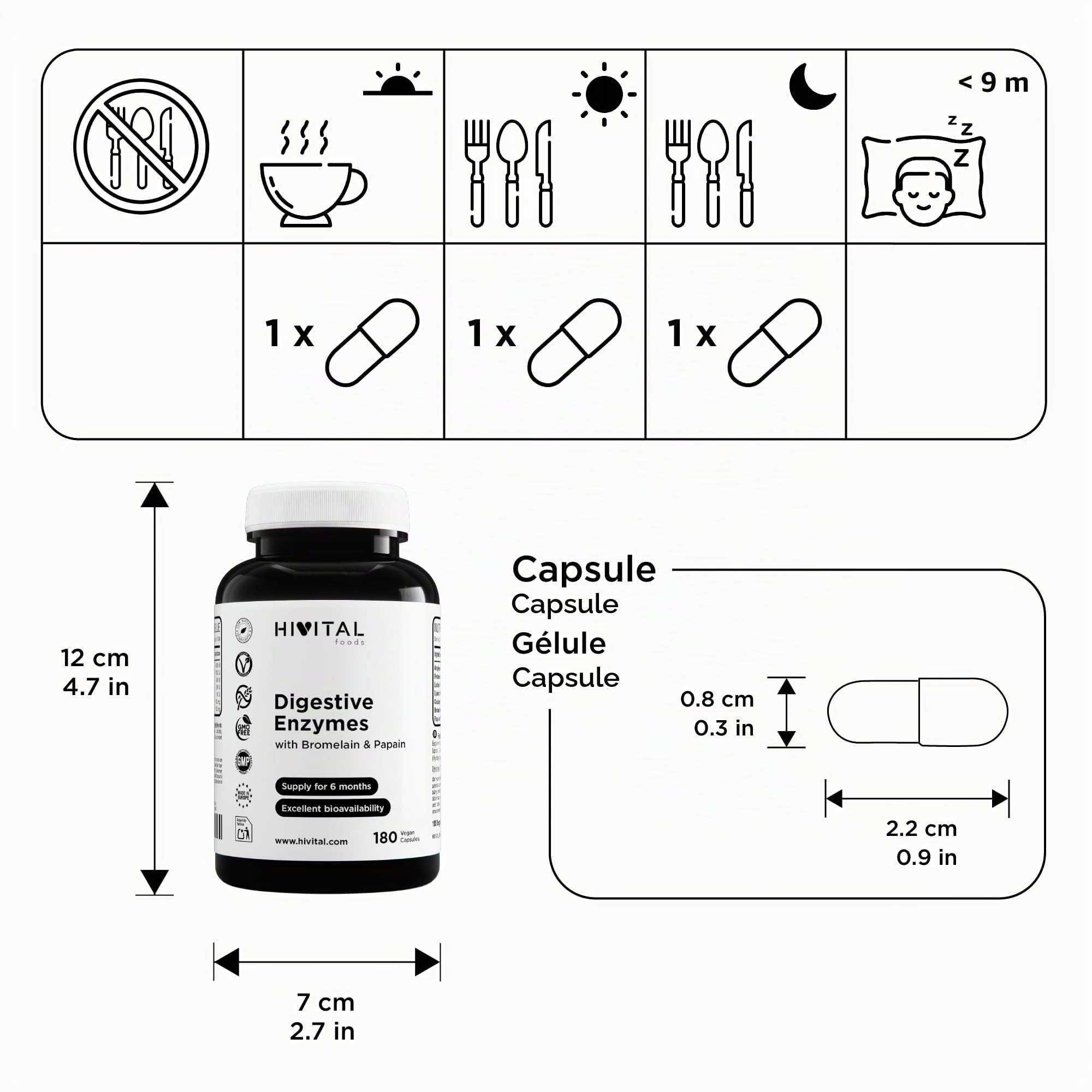 Enzymes Digestives. 180 gélules végétaliennes pour 6 mois de traitement. Amylase, Protéase, Lactase, Lipase, Cellulase, Bromélaïne et Papaïne. Fabriqué en Europe par HIVITAL