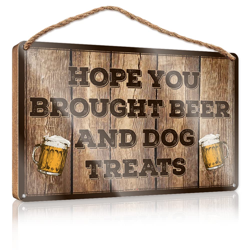 DTHA Wooden Home Sign Hope You Brought Beer And Dog Treats Wooden Sign Funny House Signs Bathroom Decor Wall Art(23X35CM)