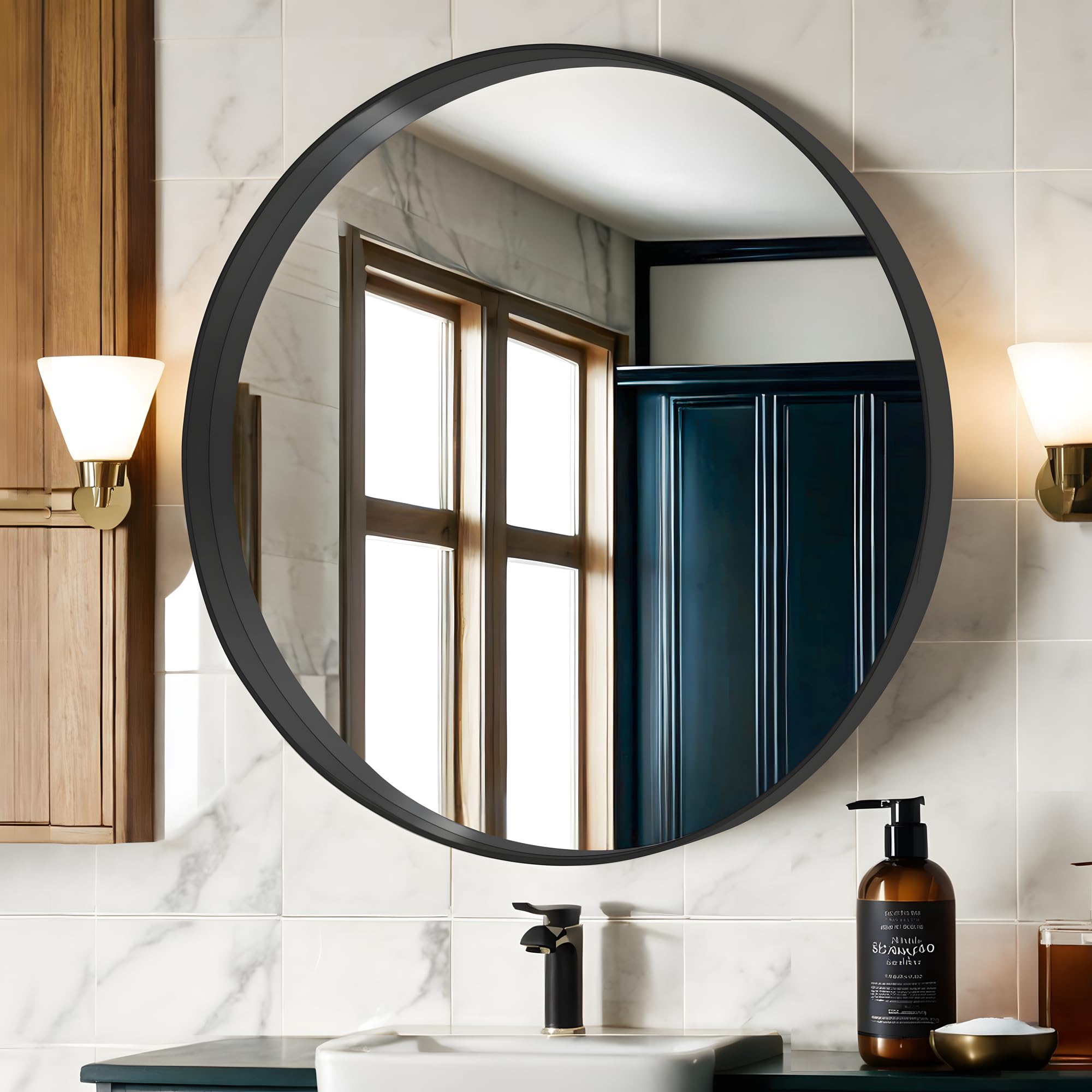 DESBING Black Round Bathroom Mirror 24 inch Circle Wall Mounted Vanity ...