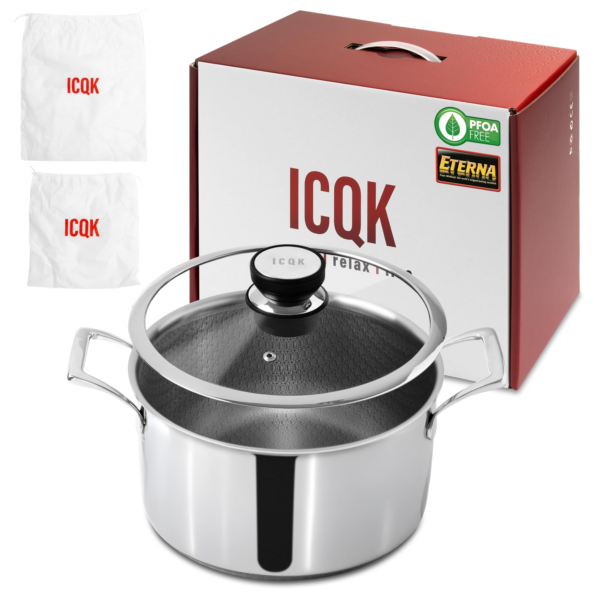 Pentola Antiaderente Triplo Strato (Acciaio Inox + Alluminio) Diametro Ø 20 cm, CON COPERCHIO, Antigraffio, NO PFOA, Per Piano Cottura Induzione, Ceramica, Elettrico, Gas, Forno