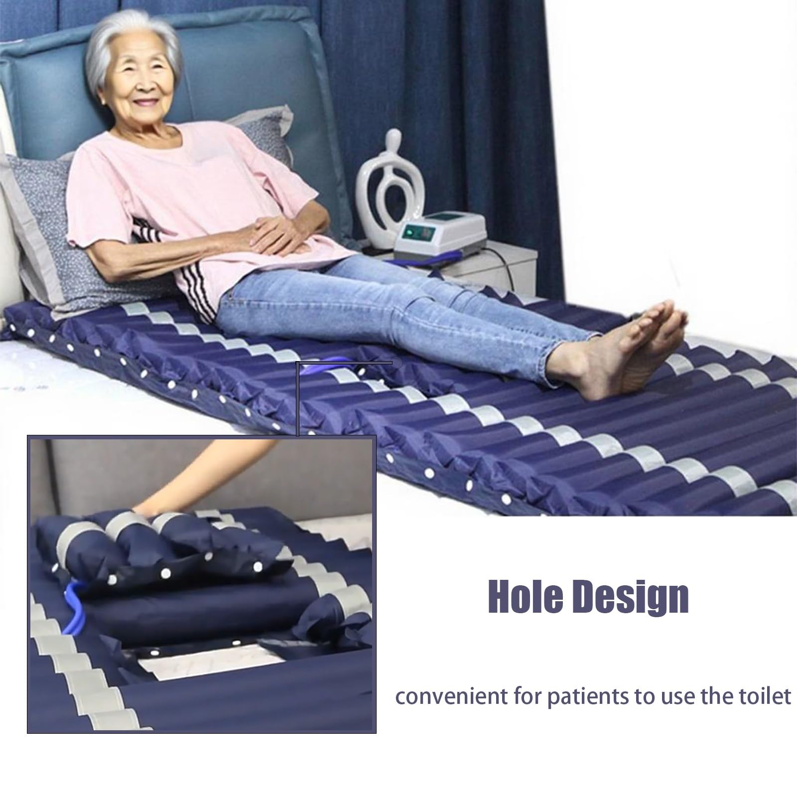 Materasso Antidecubito con Compressore, Impermeabile E Traspirabile, Design Regolabile A Doppio Tubo per Anziani E Cura della Pressione, Portata 135 kg, 200×90 CM(with Access Hole)