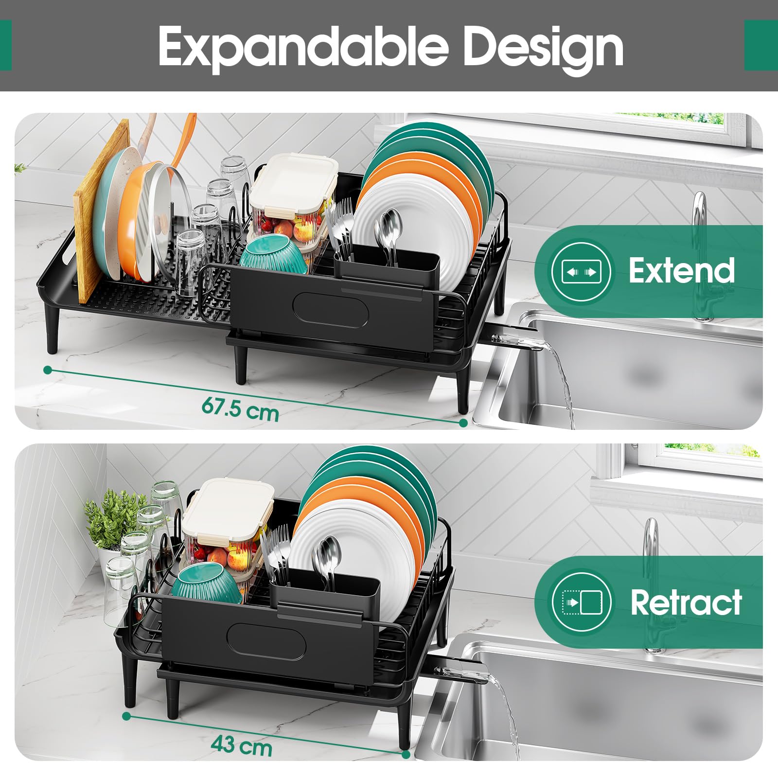 Urackify Escurridor de platos, de acero inoxidable, expandible (14.5 a 25.3 pulgadas) y escurridor de platos con estante plegable, soporte para utensilios para encimera, 1 pieza color negro
