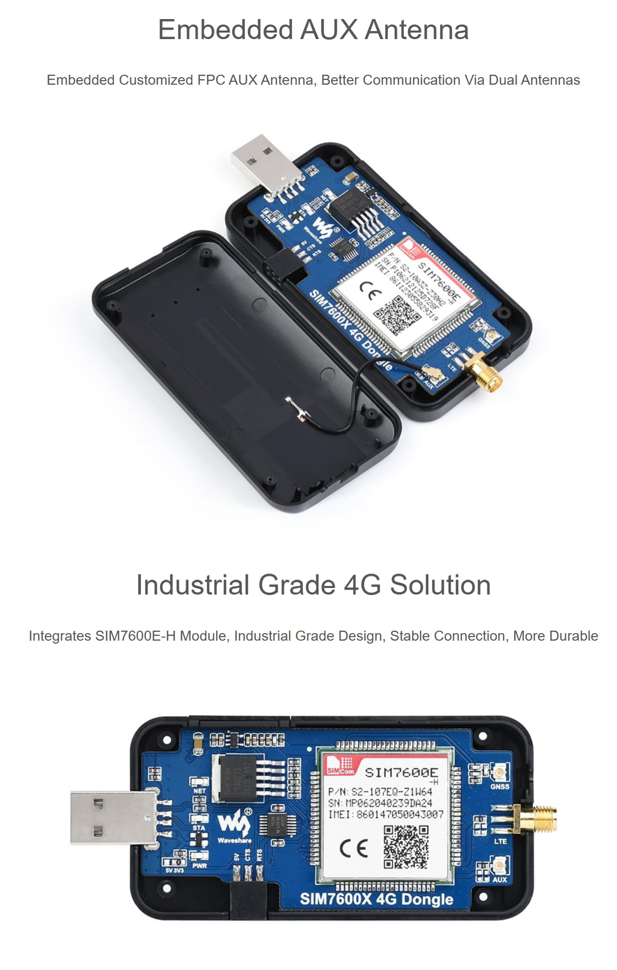 DONGLE SIM7600E-H 4G Compatible avec Raspberry Pi avec antenne de qualité industrielle 4G Communication et périphérique de positionnement GNSS