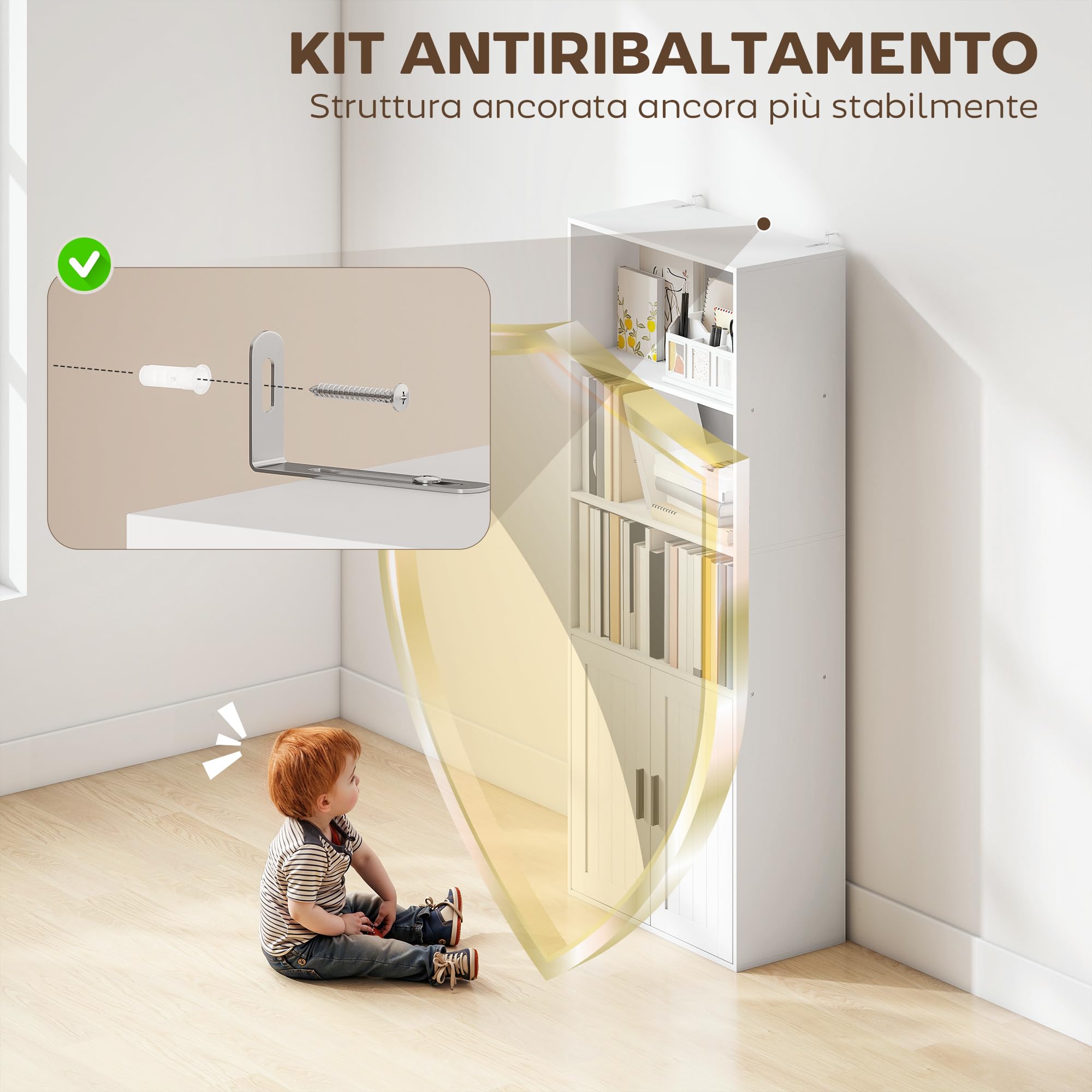 HOMCOM Mobile Libreria a 5 Livelli, con 2 Ante, 60x30x145.5 cm, Bianco
