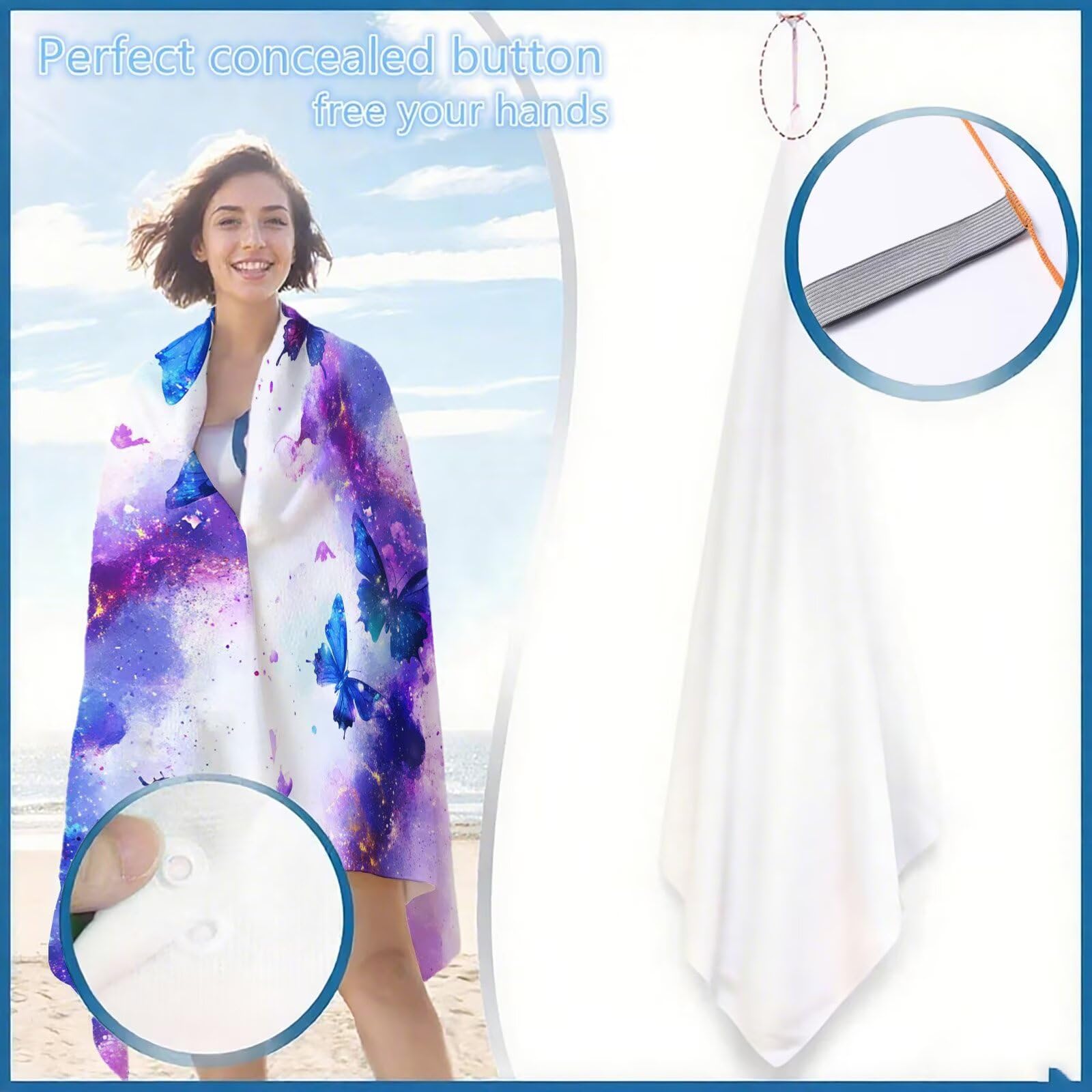 Ręcznik plażowy z mikrofibry 85 x 170 cm prześcieradło plażowe przeciw piaskowaniu motyl ręcznik plażowy XXL fioletowy ręcznik plażowy szybkoschnący, miękki ultrachłonny szybkoschnący do podróży do