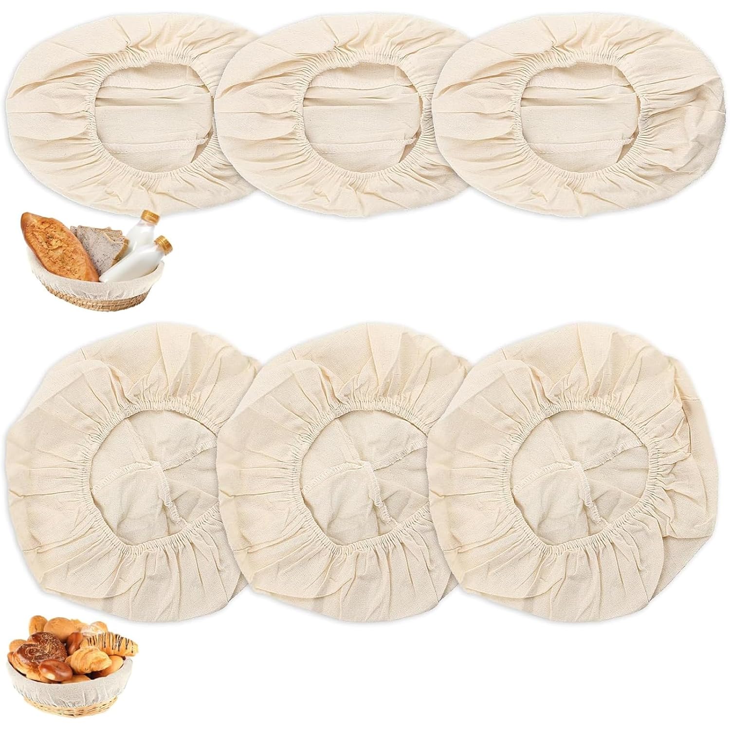 6 Pieces Round and Oval Bread Proofing Basket Liner Set 9 Inch and 10 Inch Sourdough Bread Basket Cloth Liner, Bread Basket with Lid and Bread Basket cover for Home Baking, Professional Baking Supply