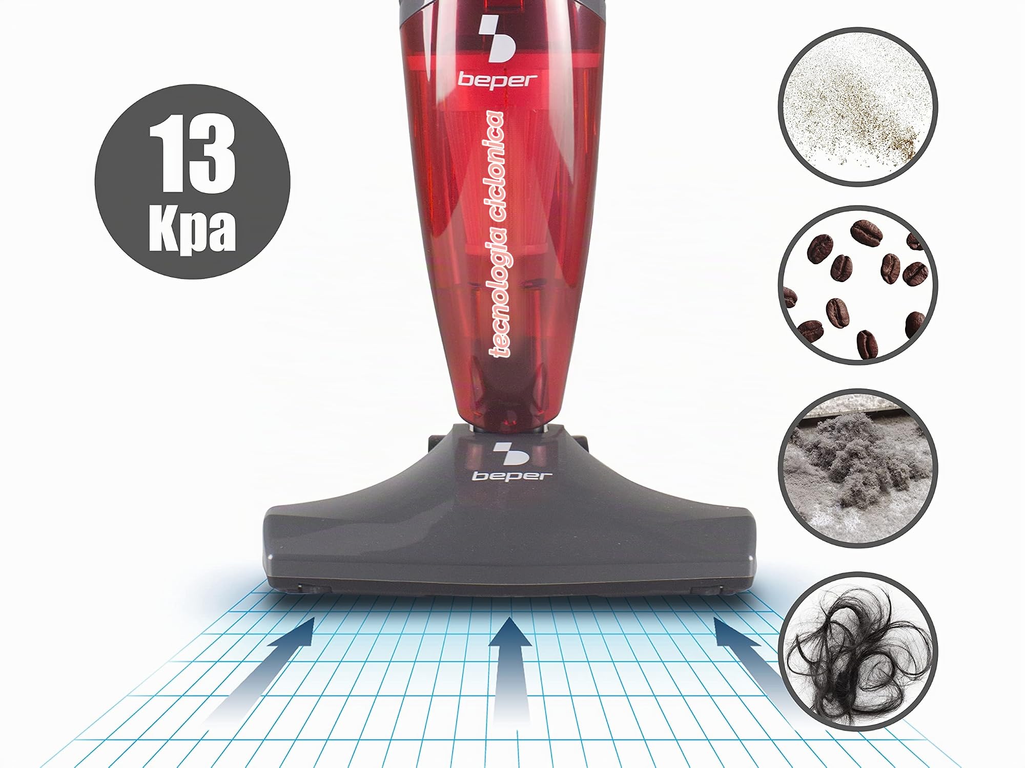 BEPER 50.451 Scopa Elettrica, Aspirapolvere con Filo, Aspirabriciole Senza Sacco con Tecnologia Ciclonica e Filtro Hepa, Rosso