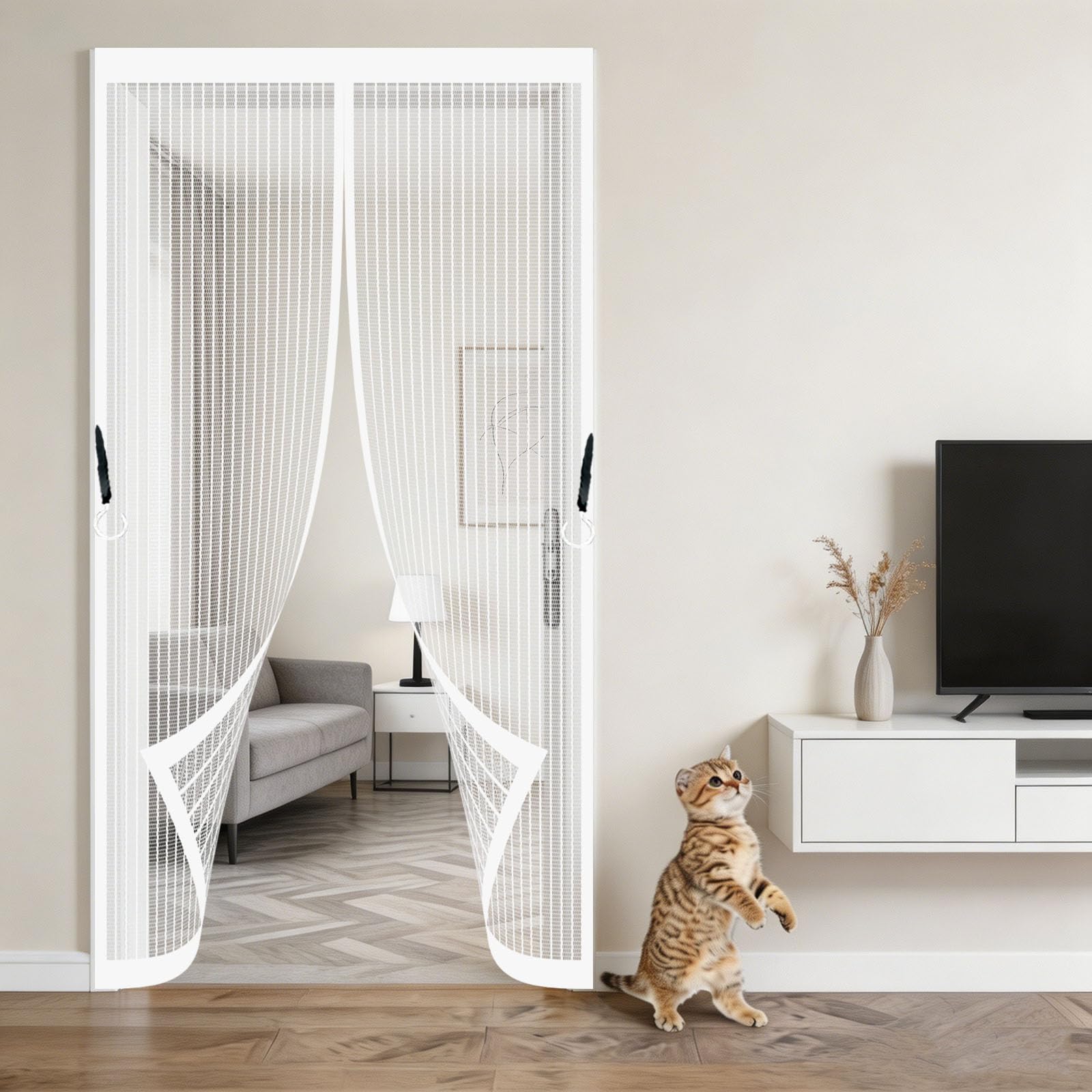 Magnetic Fly Screen Door 195 x 115 cm Frame Hook & Loop Keep Bugs Out Lets Fresh Air in No Gap Anti Mosquito Mesh Fly Curtain for Patio Doors Balcony Sliding Door, White