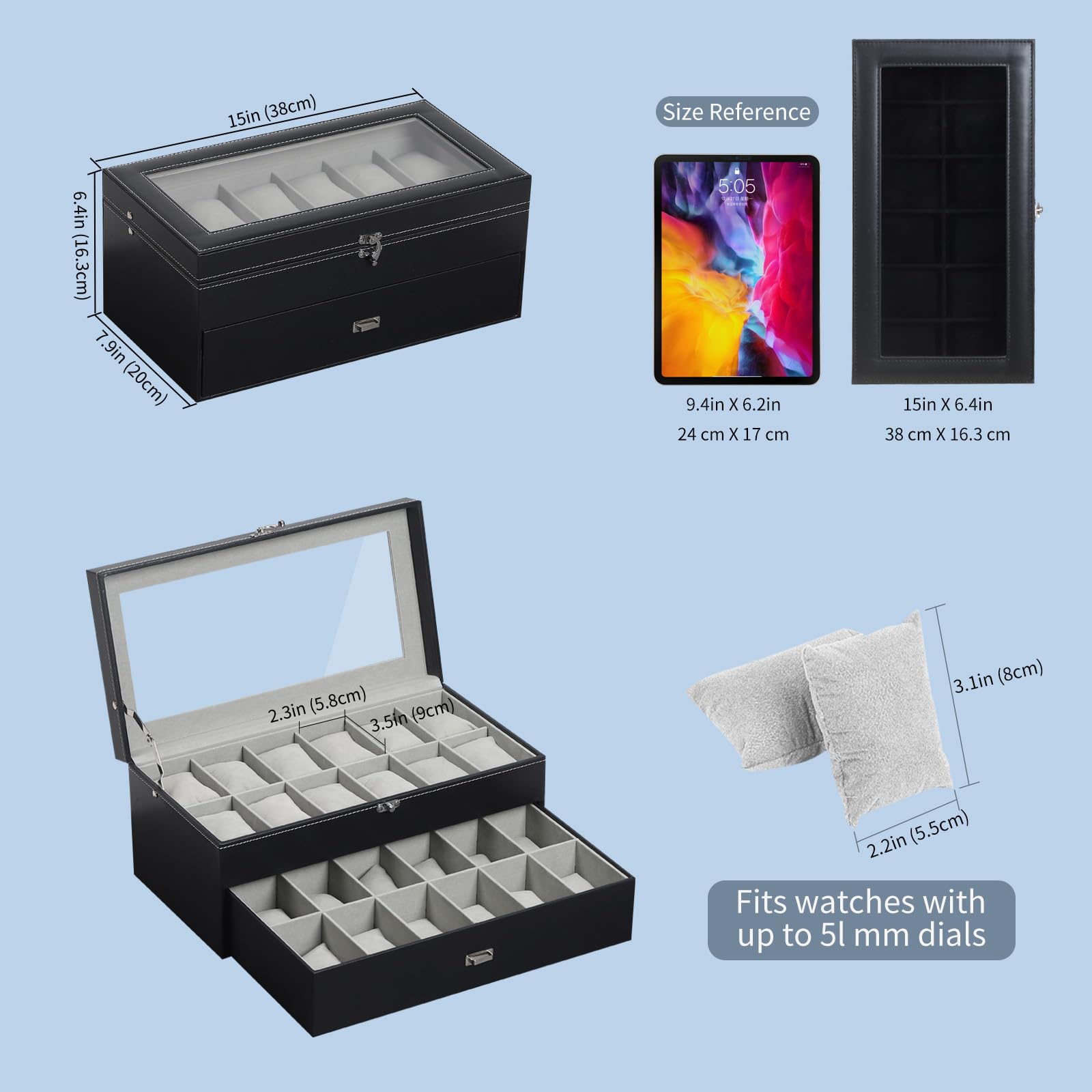 AUTOARK MKAW037 MKAW037 - Scatola per 24 orologi in pelle e velluto, con parte superiore in vetro, con chiusura a chiave, per riporre i gioielli, con cuscini rimovibili grigi