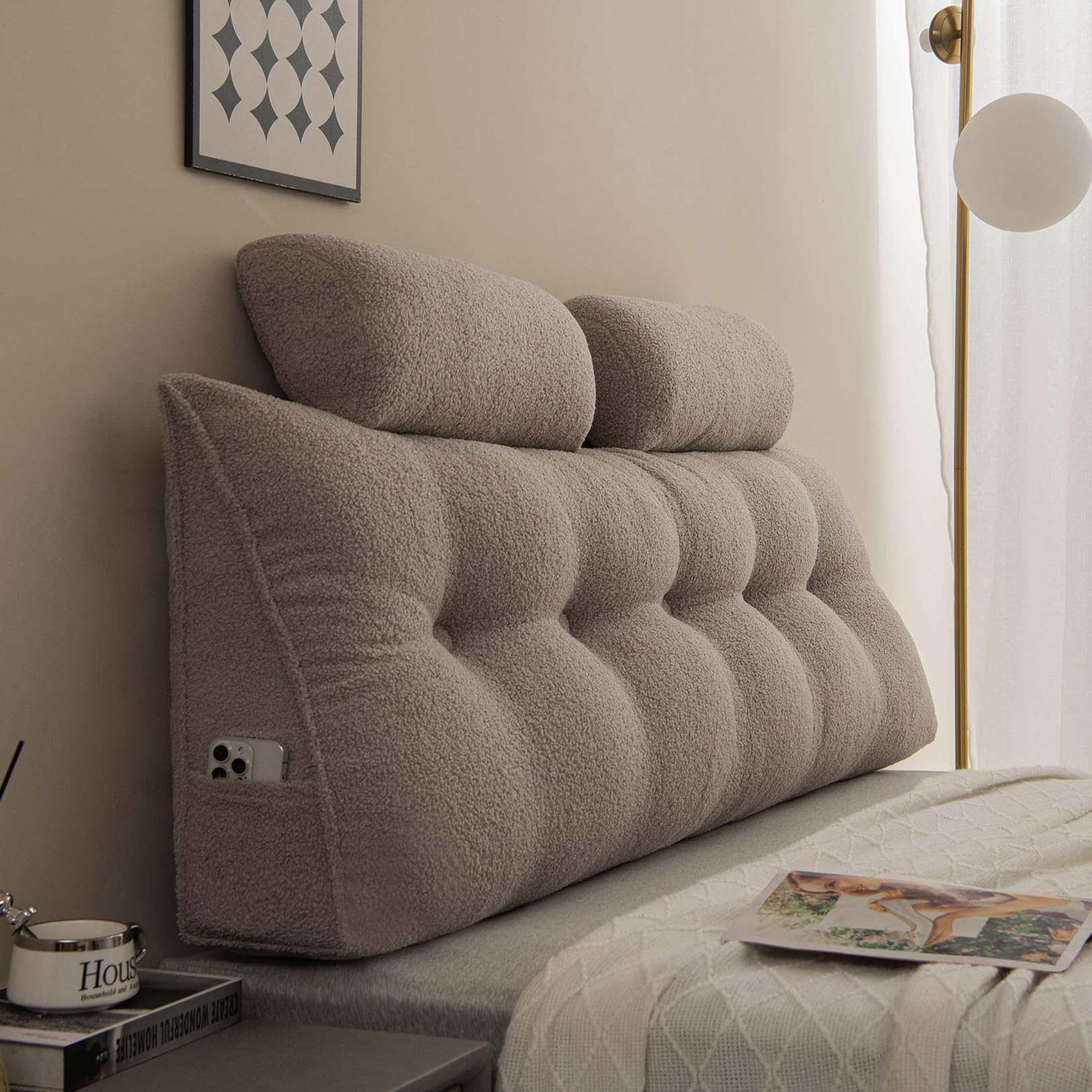 headboard pillow queen size backrest pillow,headboard wedge pillow with 2 pack neck roll pillow large,removable cover,with two large side pockets,for headboard pillow, teddy velvet,pearl gray