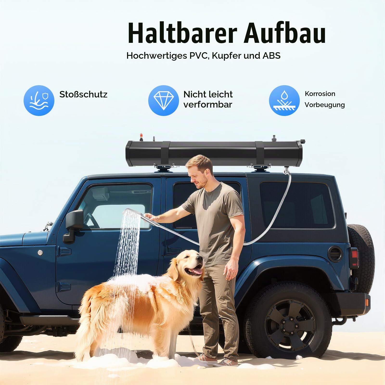 Dachgepäckträger-Wassertank Wasserspeicher mit 30L Solar-Duschtank & Druckpumpe (1.6 bar), Campingdusche Camping Dusche Outdoor für Kofferräume Überrollbügel Querträger