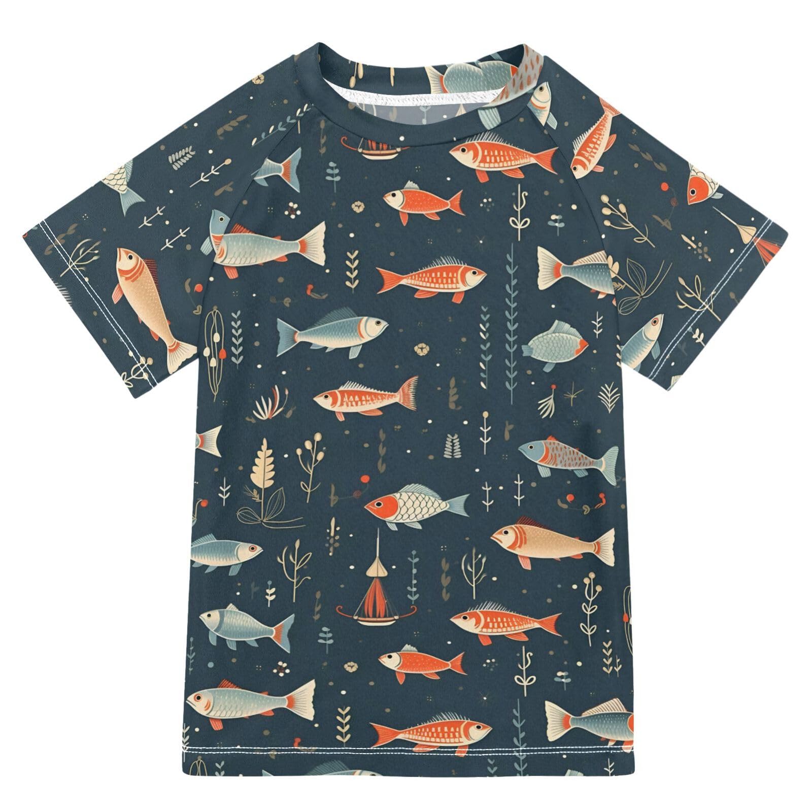 ALAZA Kids Rash Guard Boys Toddler Swim Shirts Short Sleeve Fish Print 1 UPF 50+ 3T