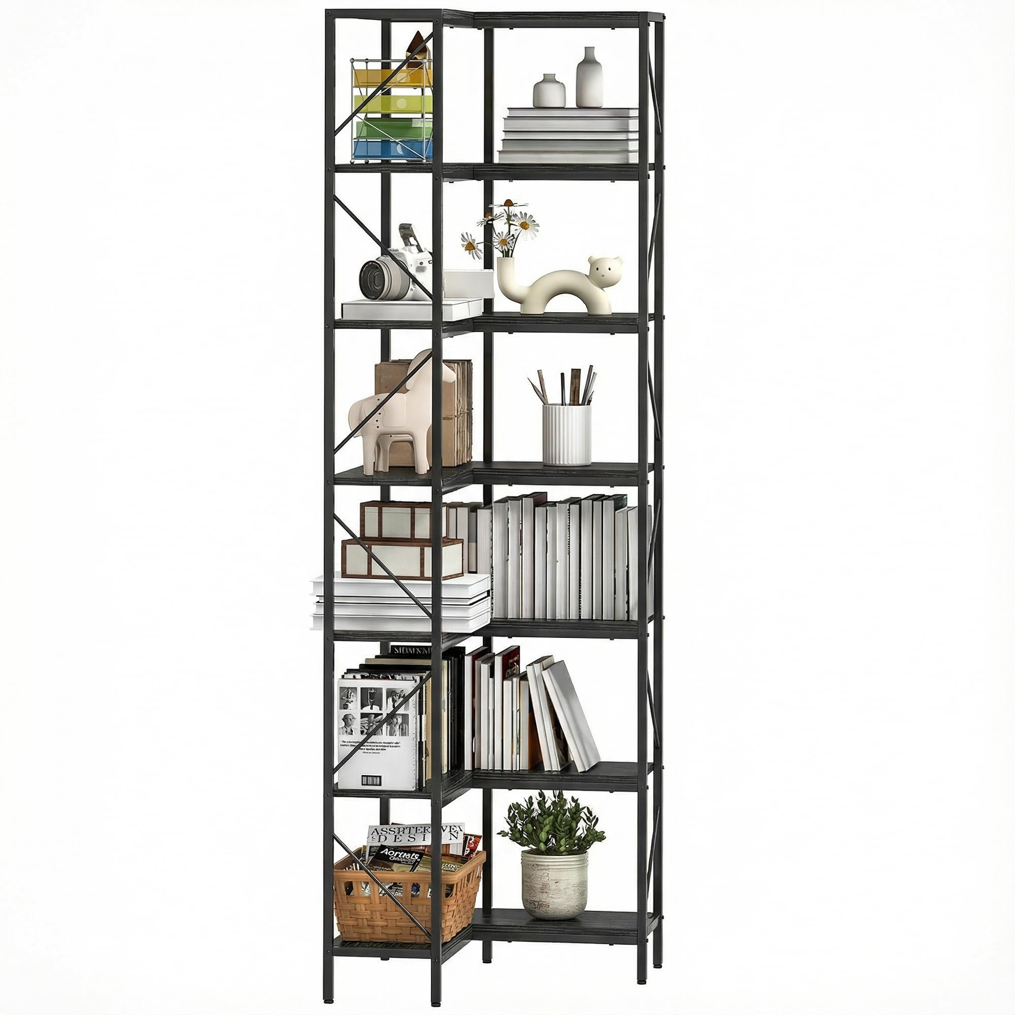 HOMCOM Libreria ad Angolo a 7 Ripiani 60x60x198 cm Nero | Libreria Angolare, Scaffale Salvaspazio Slim, Scaffale Portaoggetti Industriale, per Soggiorno, Camera da Letto, Ufficio