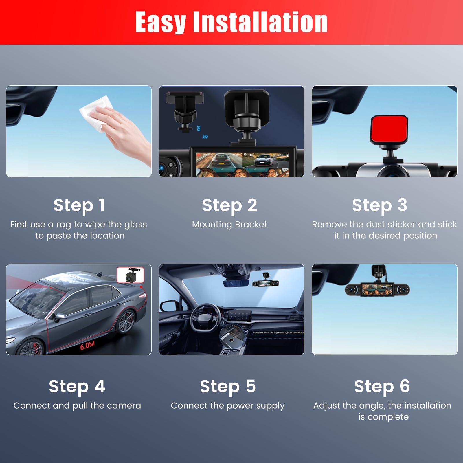 1080P Dash Cam 360 Gradi 4 Canali, Schermo 3.16 Pollici con 64GB