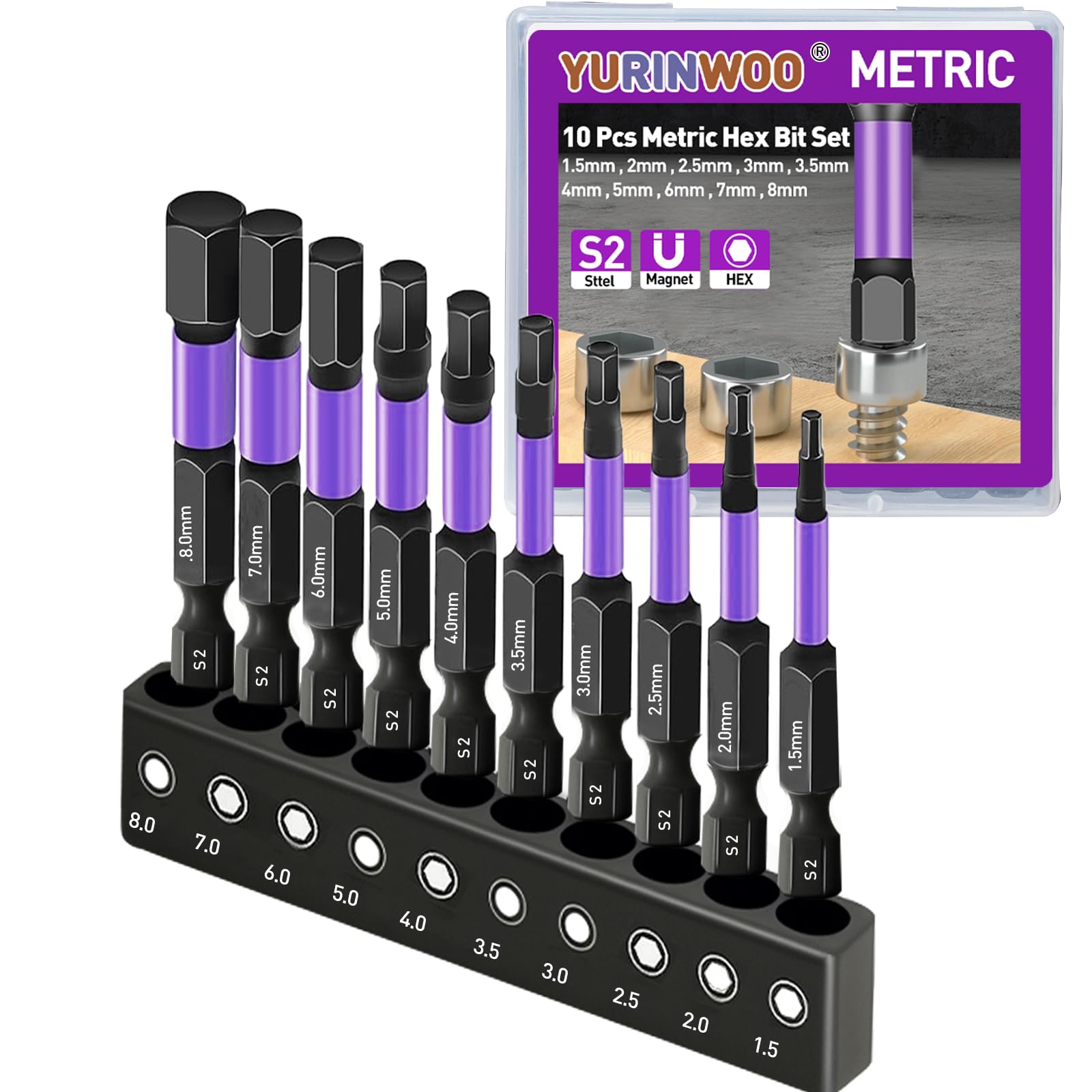 10Pcs Hex Head Allen Wrench Drill Bit Set (Metric), S2 Steel Bits Set, CNC Machined Tips with Magnetism, 1/4โ Hex-Shank Inner Hexagon Screwdriver Bit, 2" Long with Storage Box