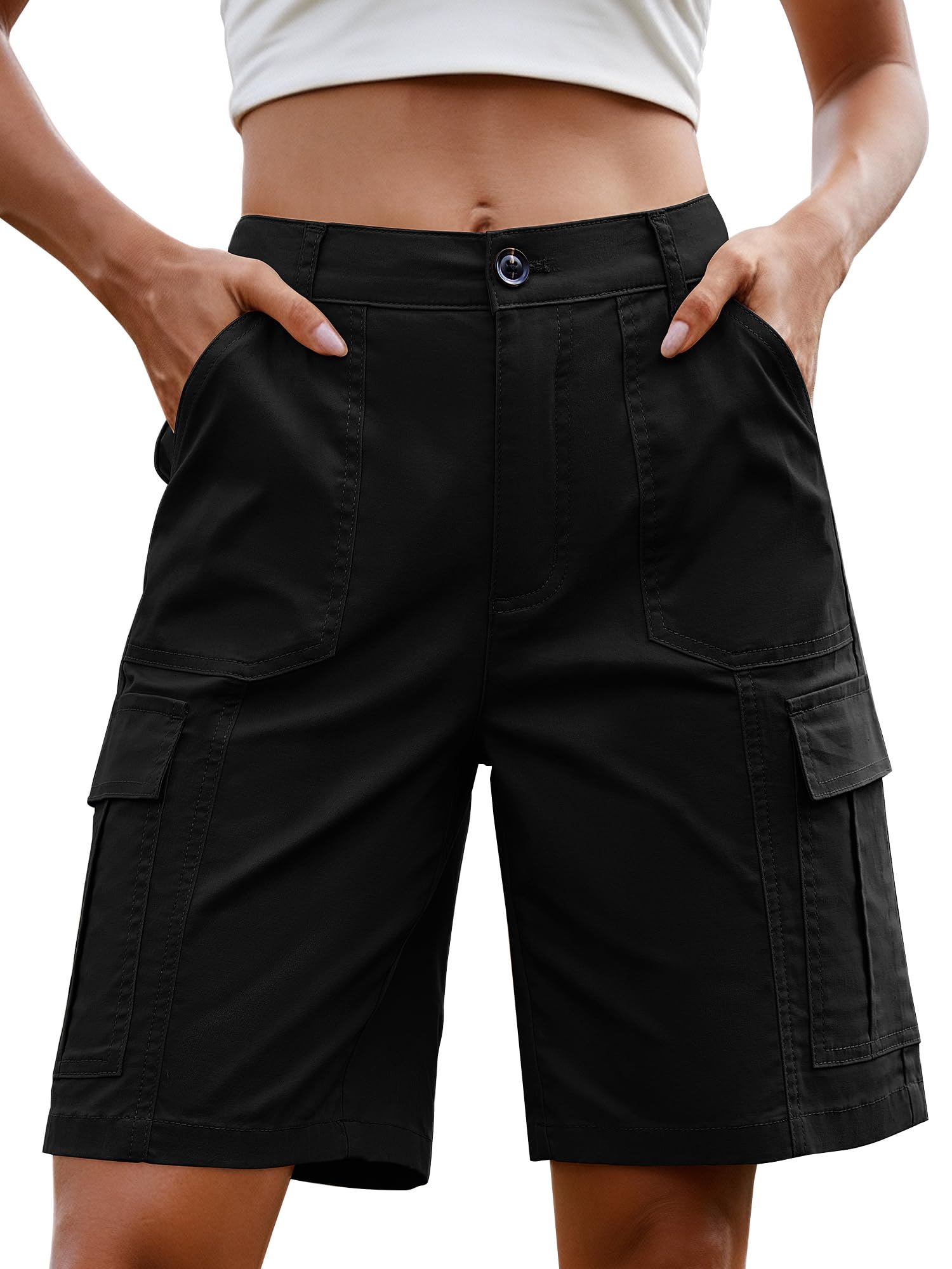 StylSense Kurze Hose Damen Sommer Bermuda Cargo Jeans Shorts Baumwolle Hohe Taille mit Elastischem Bund und 6 Taschen