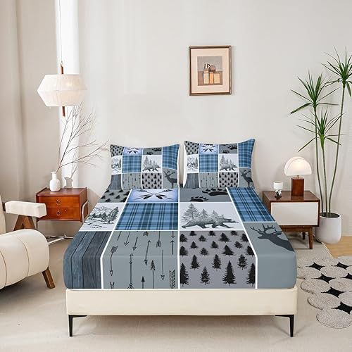 Miniatura 148 de Sábana bajera ajustable de oso de caza, juego de ropa de cama a cuadros de búfalo, sábanas de retazos de cabaña rústica para niños, niños, Multi