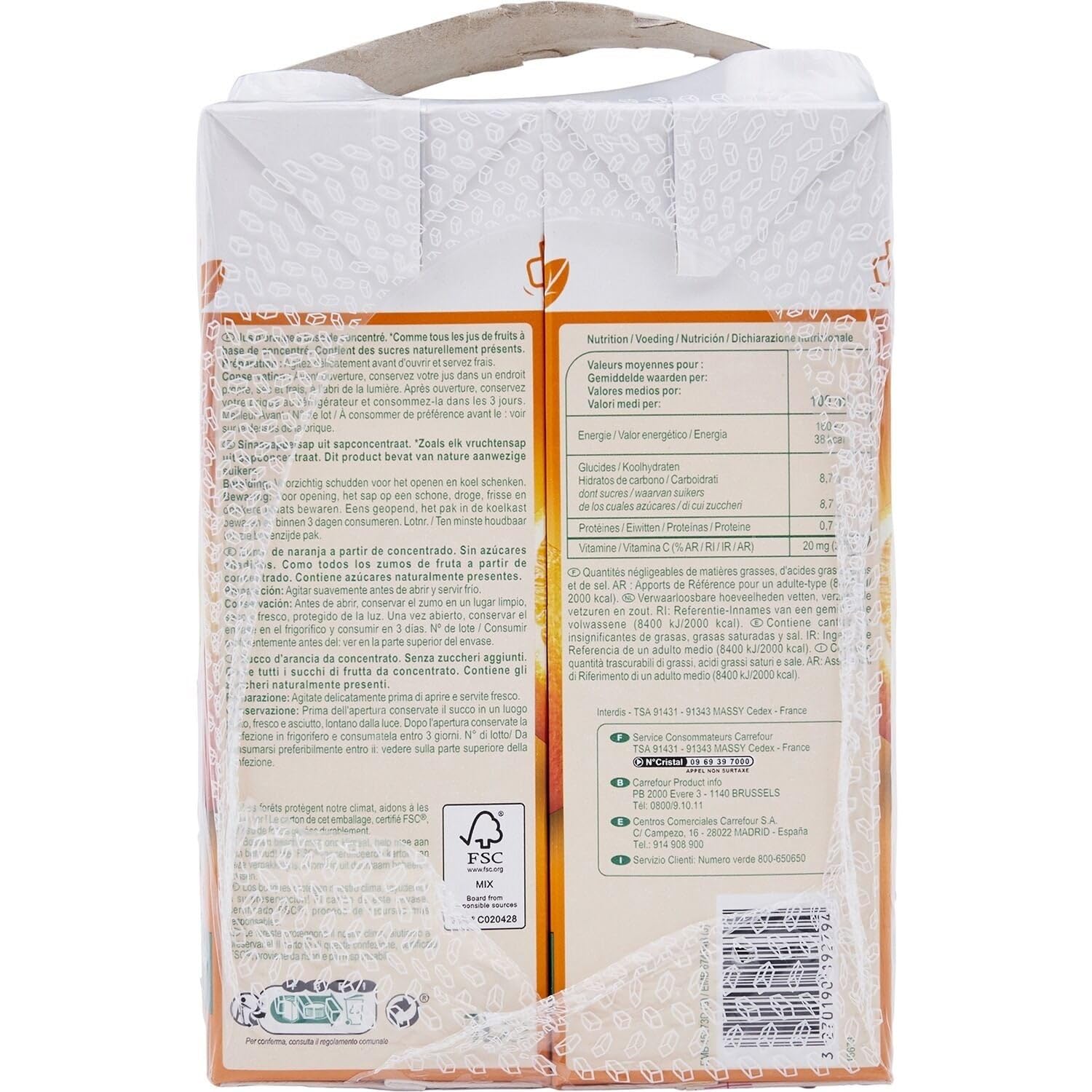 CARREFOUR CLASSIC' Jus d'Orange Sans Pulpe — 4 x 1 Litre, 100% Teneur en Fruits, Sans Sucres Ajoutés - Lot de 3
