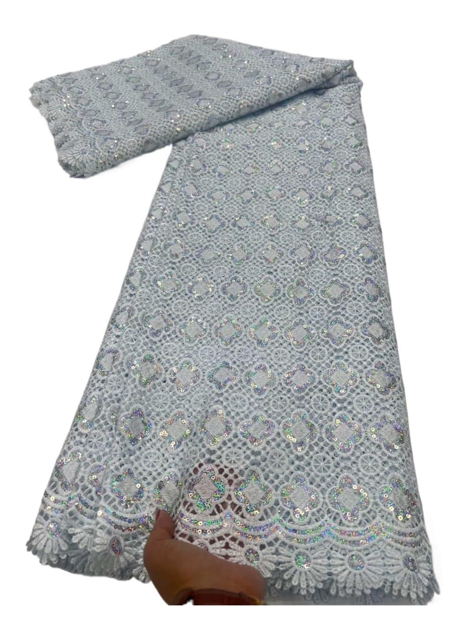 Tela de encaje guipur con lentejuelas, material vestido bordado, 5 yardas | Malla de guipur de poliéster, artesanía hueca de lentejuelas holográficas, tela de 120cm de ancho(White)