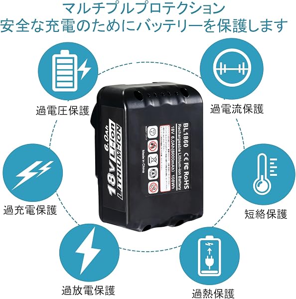互換 マキタ 18v バッテリー BL1860B 6000mAh大容量 マキタ バッテリー 18v BL1860B BL1830 BL1840 BL1850 BL1890などに互換可能 LEDランプ残量表示付き PSEとCEマーク取得済 2個セット - 2