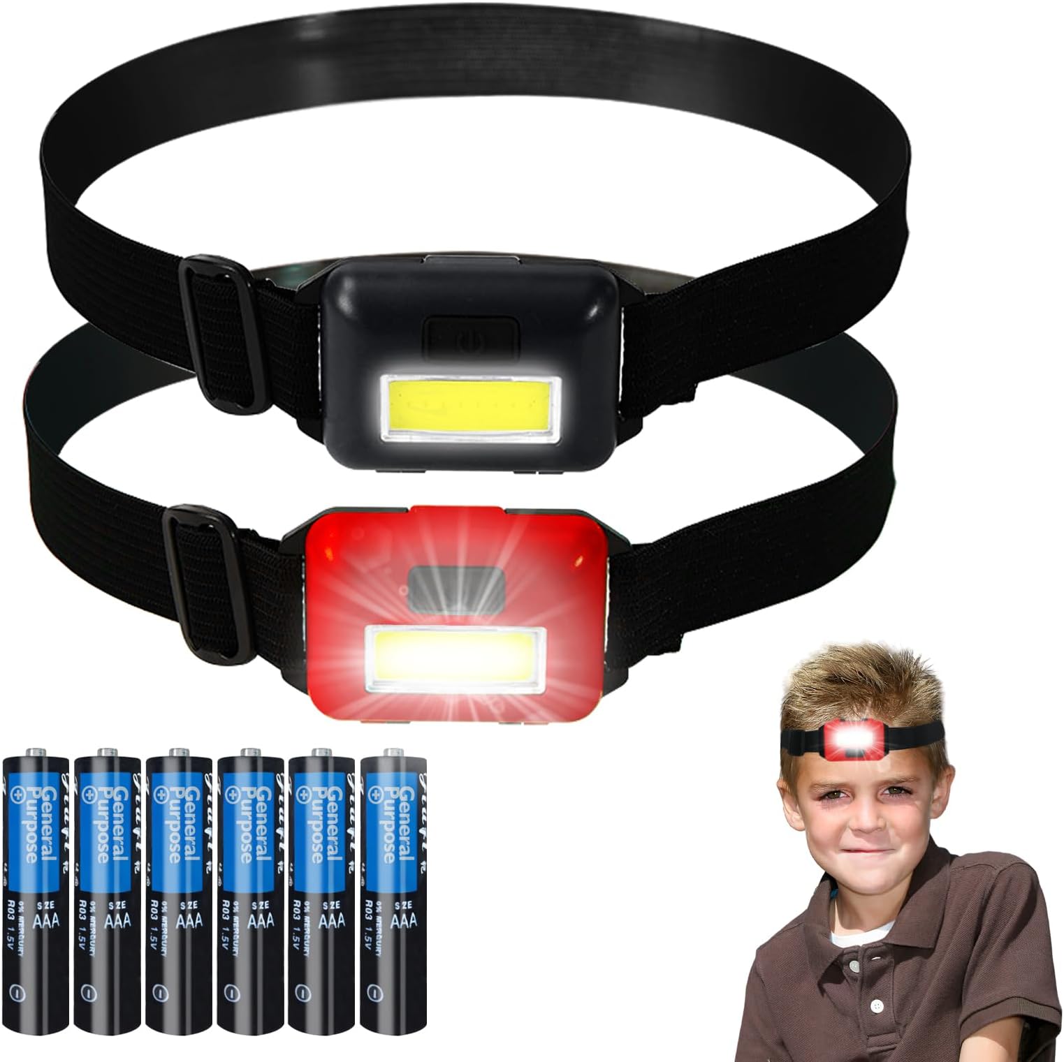 SerDa-Run 2 Pack Led Headlamp Flashlight for Adults and Kids, 1.1oz/31g COB Flood Light Ultra Bright Head Lamp with 3 Modes, Waterproof Work Headlight for Family Camping Running Reading Red+Black