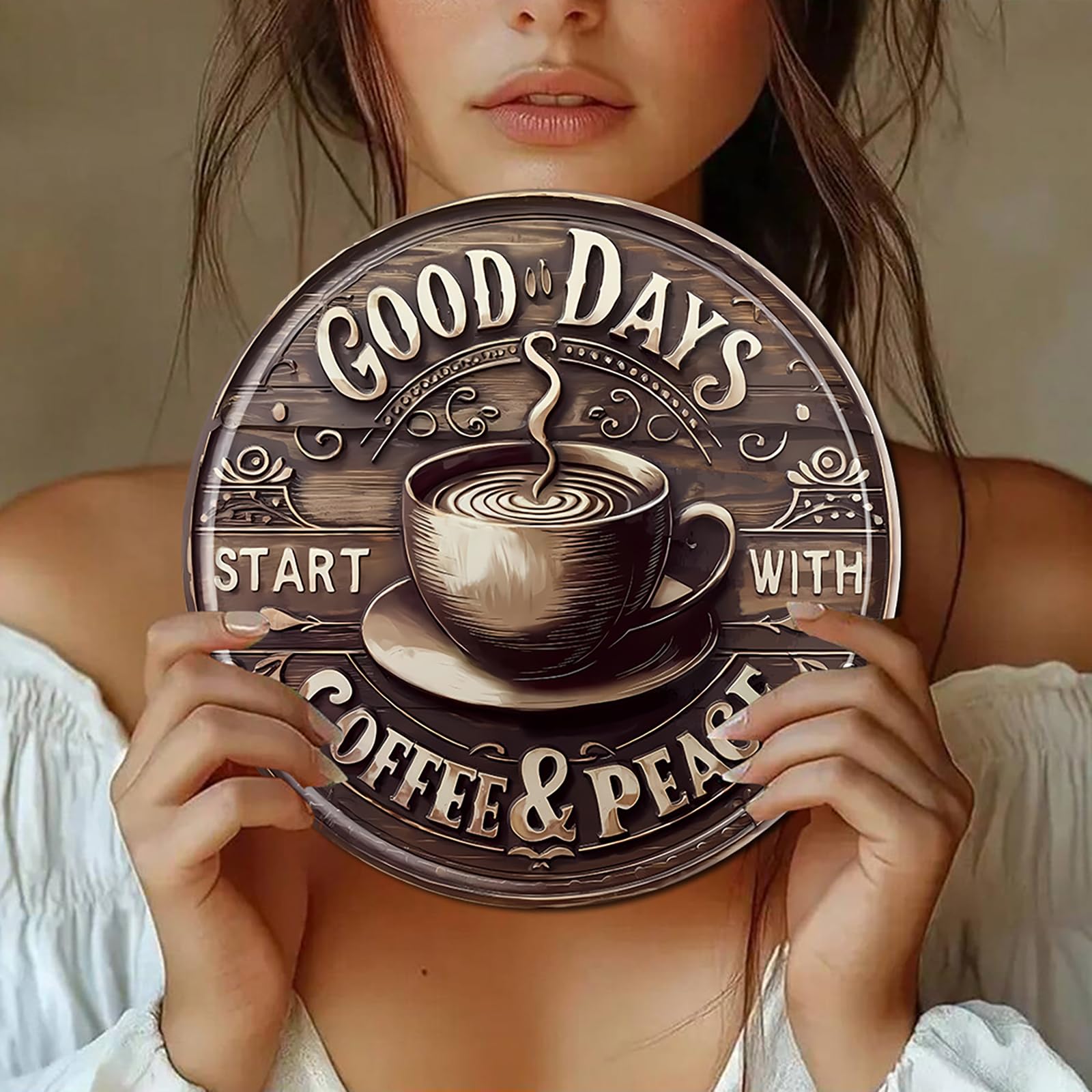 Retro Circular Metal Sign with Coffee Quote Ornament for Living Room Restaurant Cafe Decoration Traditional Metal Wall Deck