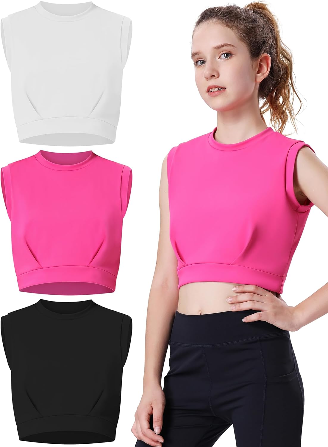 EXARUS Girls Tank Tops Dance Workout Athletic Crew Neck Sleeveless Elastic Waist Gym Crop Top Teen 8 Years Set 1