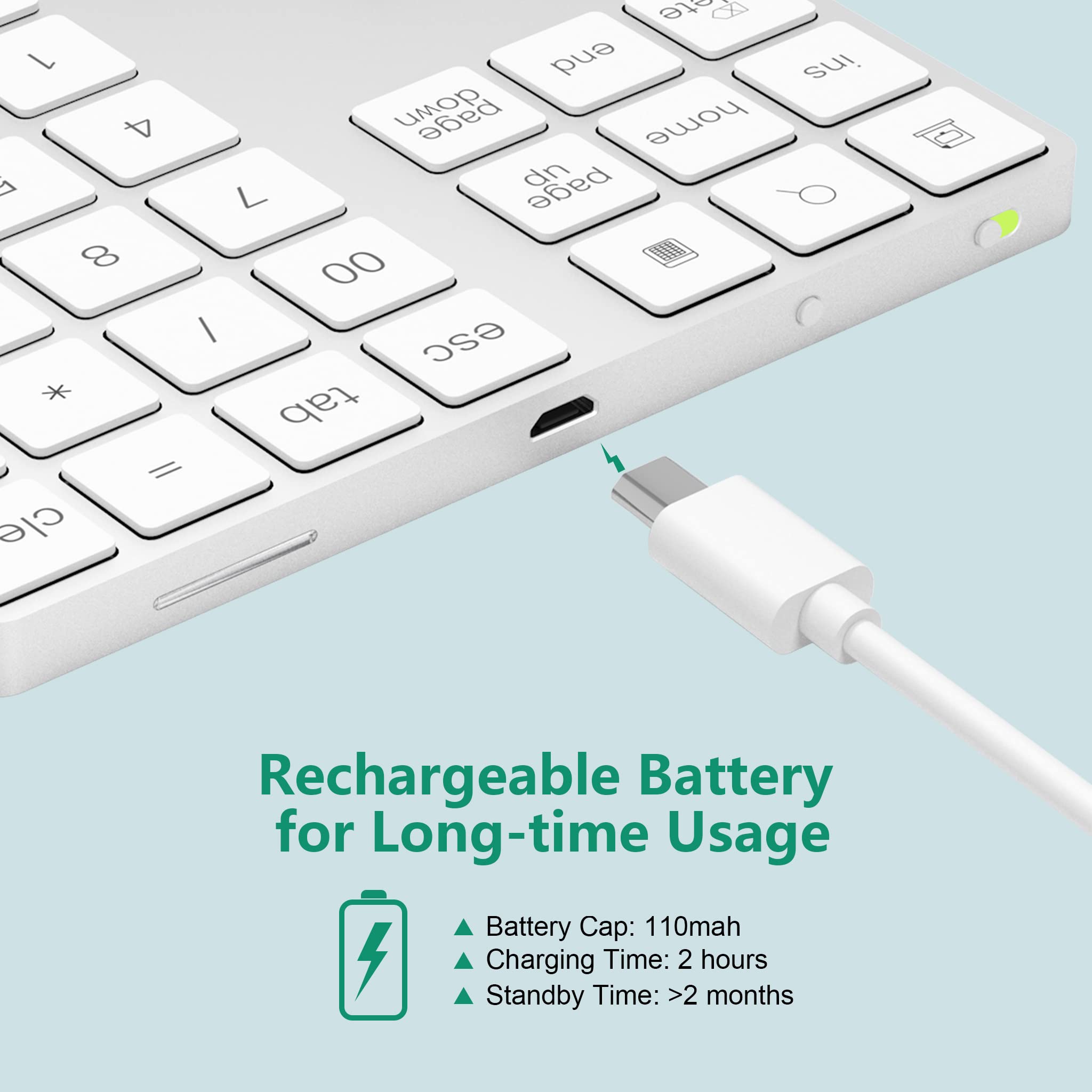 Pavé Numérique sans Fil, Clavier Bluetooth à 34 Touches Clavier avec Câble USB Compatible avec Windows, iOS, système Android, Argent