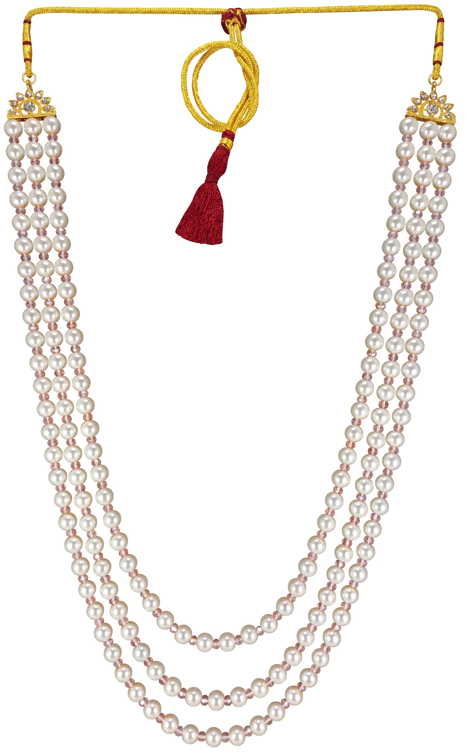 RAADHE CREATION® Moti Mala For Men Necklace groom Pearl Sherwani Traditional Gold Plated Three Layered Design for Marriage Indian Wedding (Dulhe ki mala)