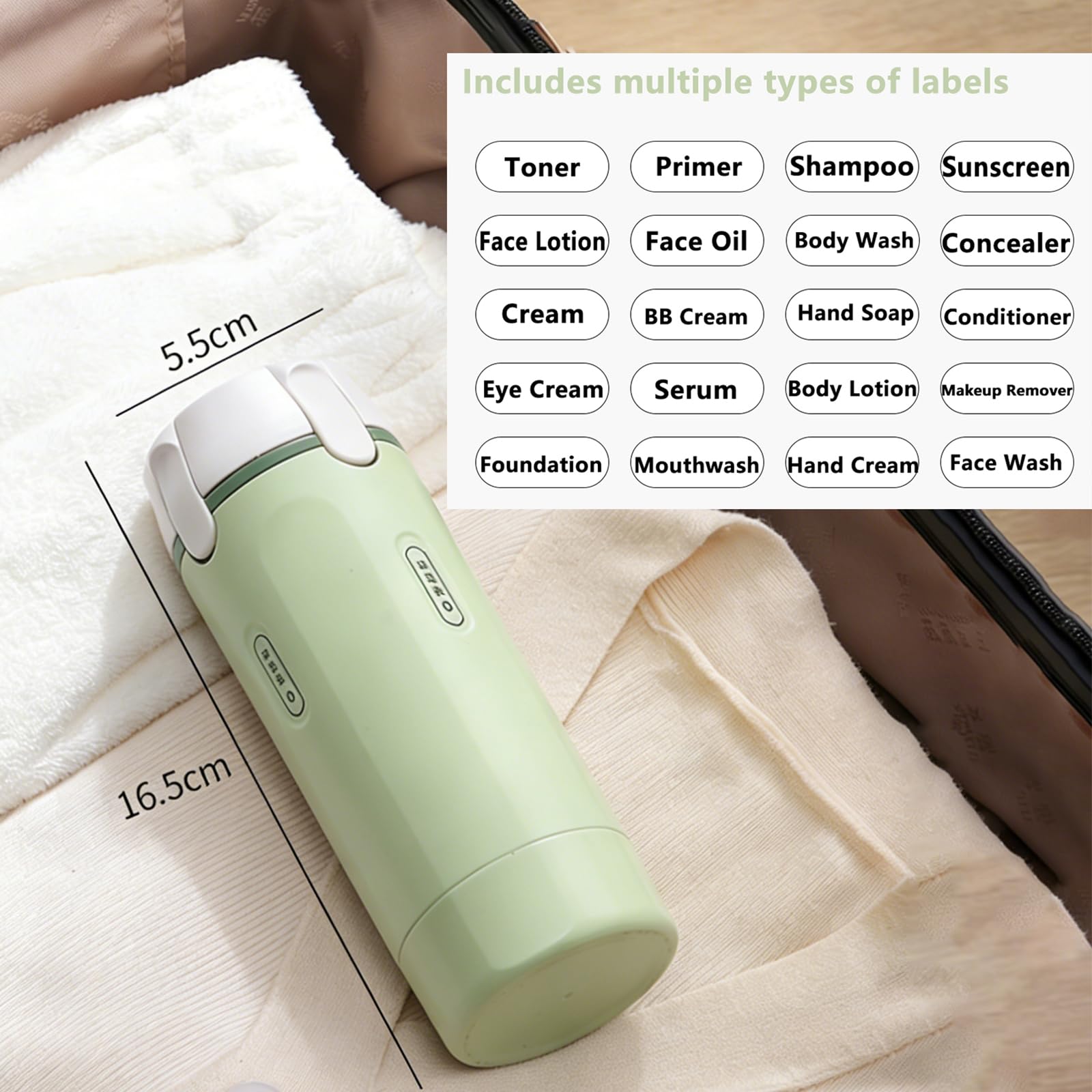 4-in-1Travel Dispenser Bottles Set, Refillable Leak Proof Squeeze Bottles with Label and Scale for Toiletries, Portable Travel Containers for Shampoo Lotion Conditioner Cream (Green) - 3