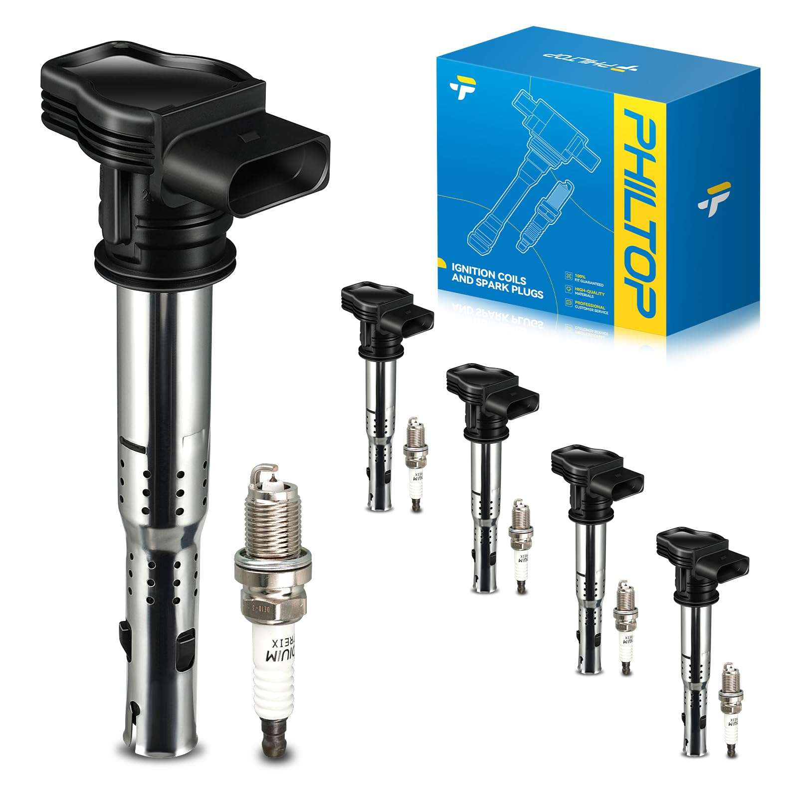 PHILTOP UF575 Ignition Coil Pack and Spark Plugs Kit Fits for Volkswagen 2009-2017 Tiguan, 2006-2010 2012-2013 Jetta, 2009-2016 CC 2.0T,Audi 2011-2016 Q5, Audi 2010-2016 A4 Quattro, 5PCS