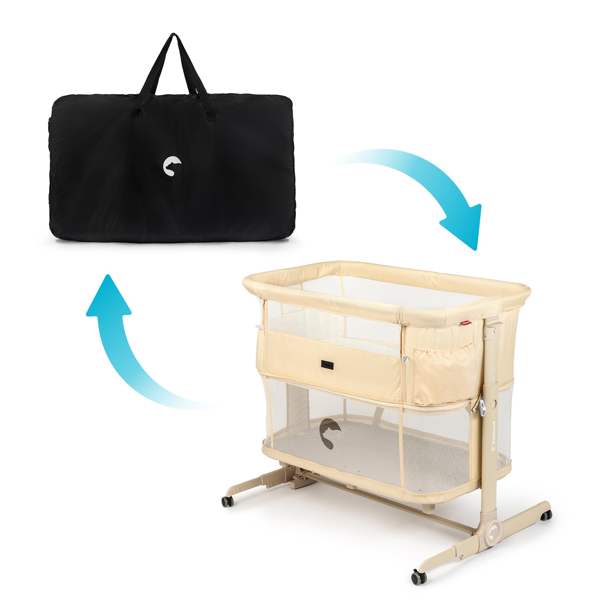 Snäckskal 3 in 1 Babybett Beistellbett Reisebett mit Matratze und Rollen 6 Fach höhenverstellbar mit Wiegefunktion Moskitonetz Laufstall bis 15 kg klappbar Tragetasche Beige