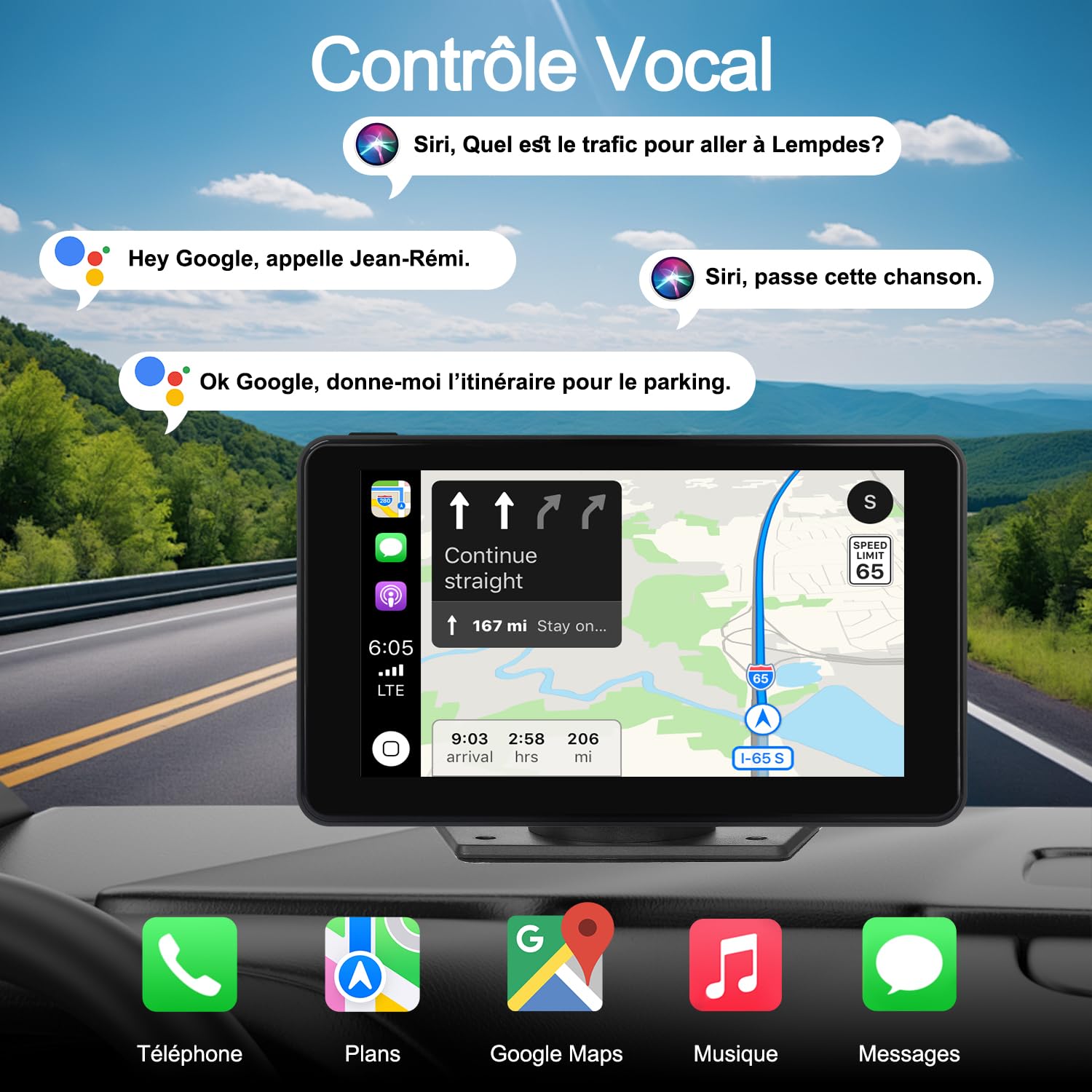 CarPlay Voiture, Portable Autoradio CarPlay & Android Auto sans Fil, Stéréo de Voiture 7 Pouces Écran Tactile avec GPS Navigation, Contrôle Vocal, Bluetooth Appels avec Mains Libres, FM, MirrorLink
