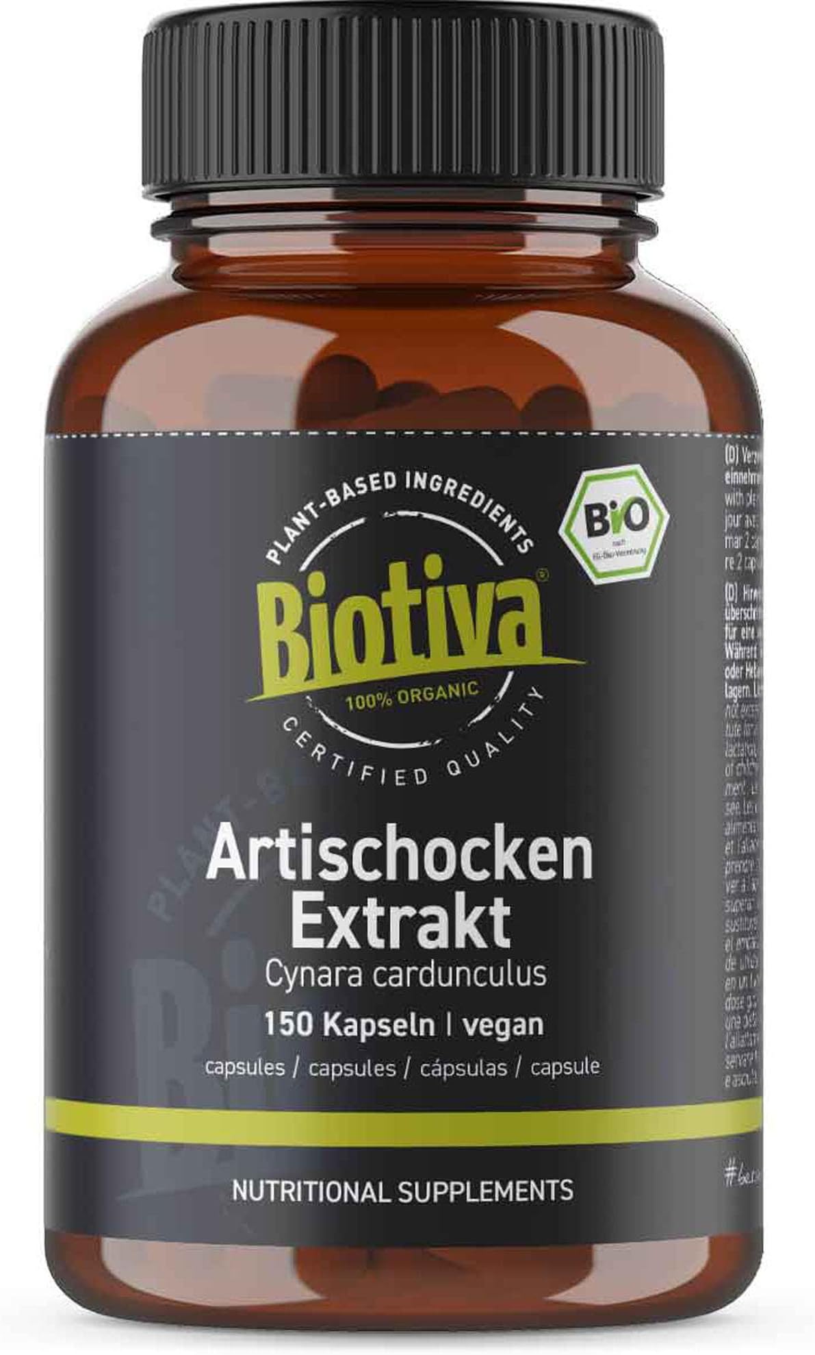 Biotiva Artichokes Extract Organic - 150 Capsules - Organic Extract - from Fresh Artichoke Leaves - high dose with 10-20:1 Ratio - Minimum 2,5% Cynari - Packed in Germany - Vegan