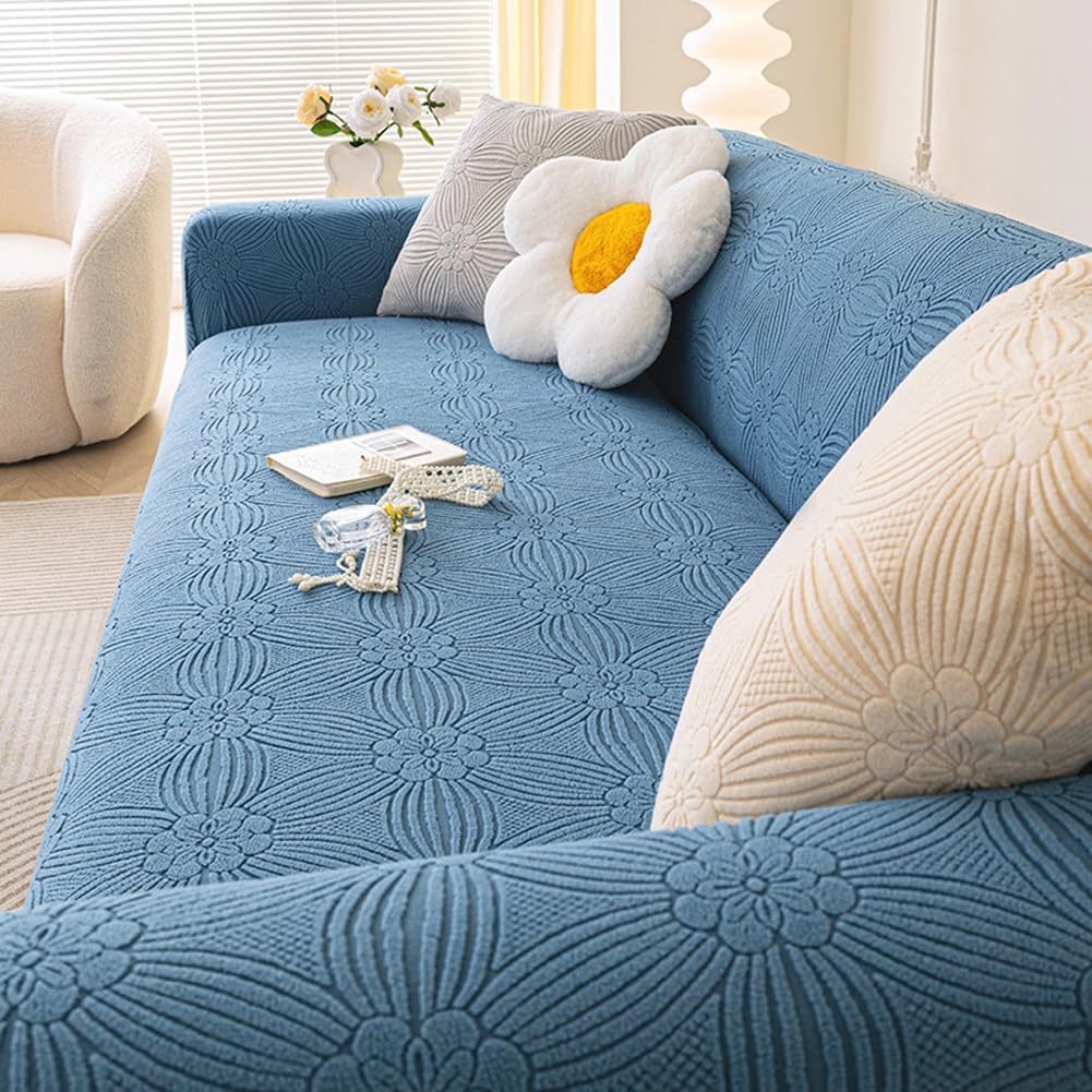Housse de canapé extensible velours bleu 5 places universelle