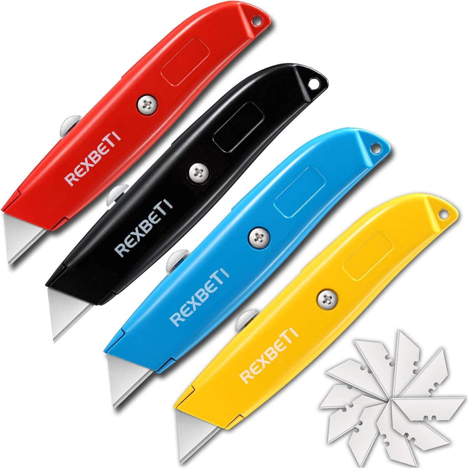 REXBETI 4-Pack Utility Knife, Heavy Duty Aluminum Shell Retractable Box Cutter for Cartons, Cardboard and Boxes, Extra 10 Blades Included - - 