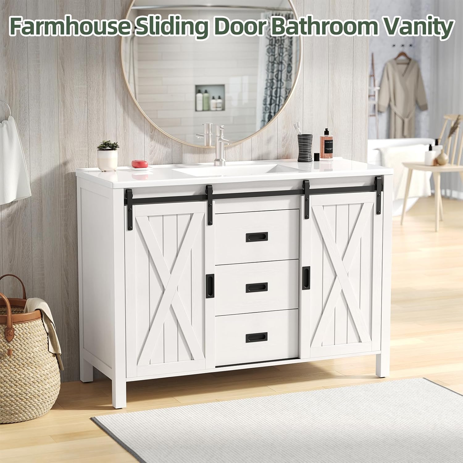ONBRILL 47.2 Inch Bathroom Vanity with Sink Combo, Farmhouse Sliding Barn Door Bathroom Vanity Cabinet, Freestanding Single Sink Cabinet w/Resin Basin, 3 Storage Drawers & Adjustable Shelves (White)