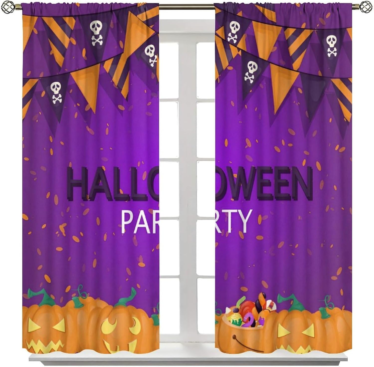 Halloween Party Blackout Curtains, Purple Background Spooky Pumpkin Skull Banners Window Drapes for Party Themed Decor Bedroom Living Room Kitchen Dining, 42" W X 45" L