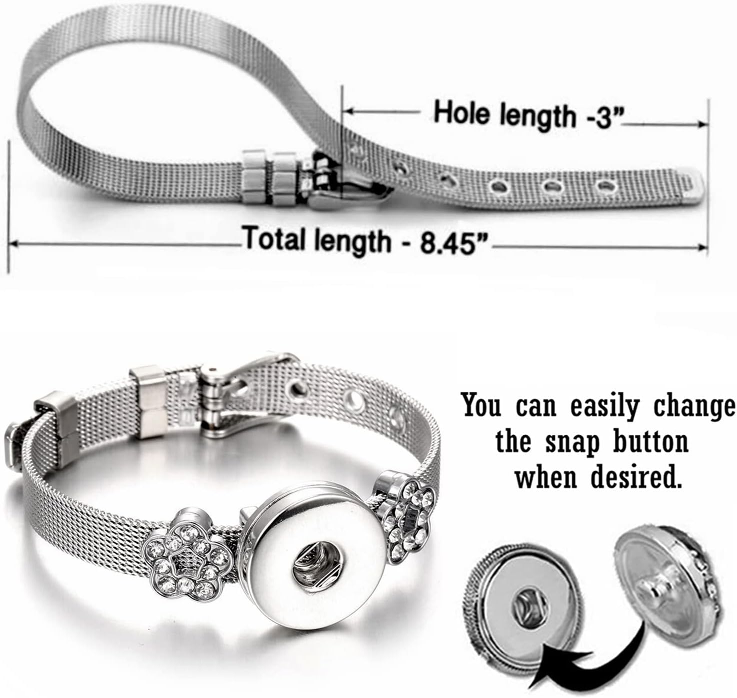 Rhinestone Link Adjustable Interchangeable Snap Cord Stainless Steel Bracelet