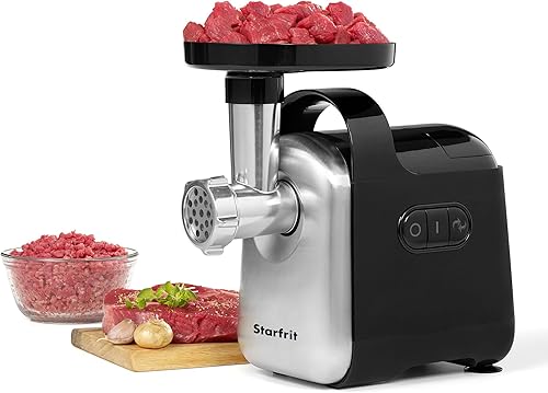 Starfrit Picadora eléctrica de carne - Dos placas de molienda de acero inoxidable - Embudo de salchicha y accesorio Kebbe - 300W