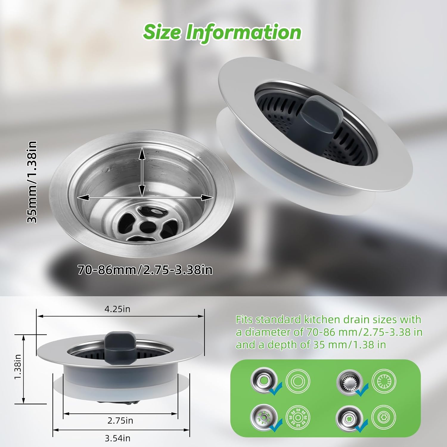 Universal Sink Stopper Strainer Combo, Stainless Steel Wrapped Drain Stopper Kitchen Sink for US Standard 3-1/2 Inch Kitchen Sink Drain, Extra 2 PCS Mesh Strainer for Food Garbage Disposal, Chrome