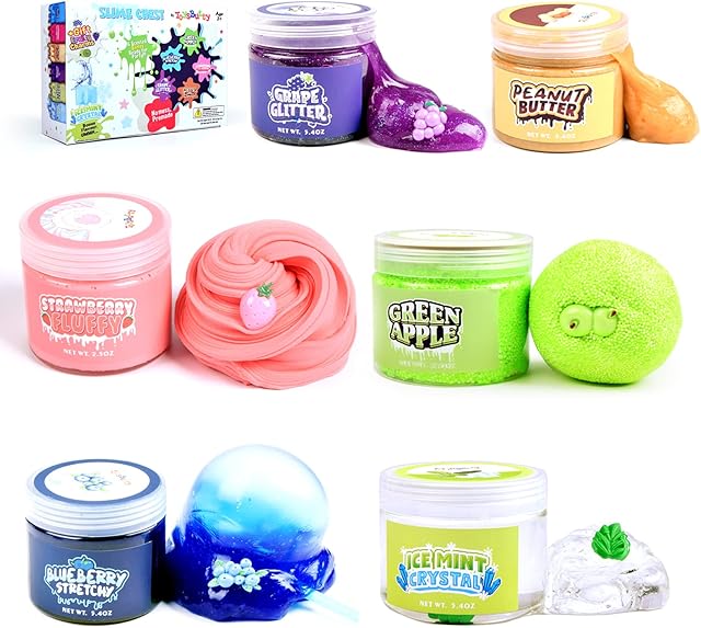 ToysButty Slime Kit for Girls Boys, 6 Different Scented Premade Slimes in 28 oz Containers with Fruit Charms, Fluffy Glitter Butter Clear Crystal Slime Putty Kits, Gift for Kids Party Favors