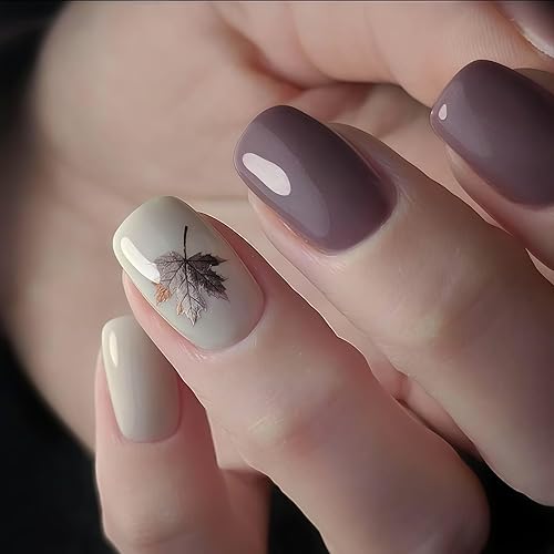 24Pcs Thanksgiving Press on Nails Maple Leaf Short Square Stick