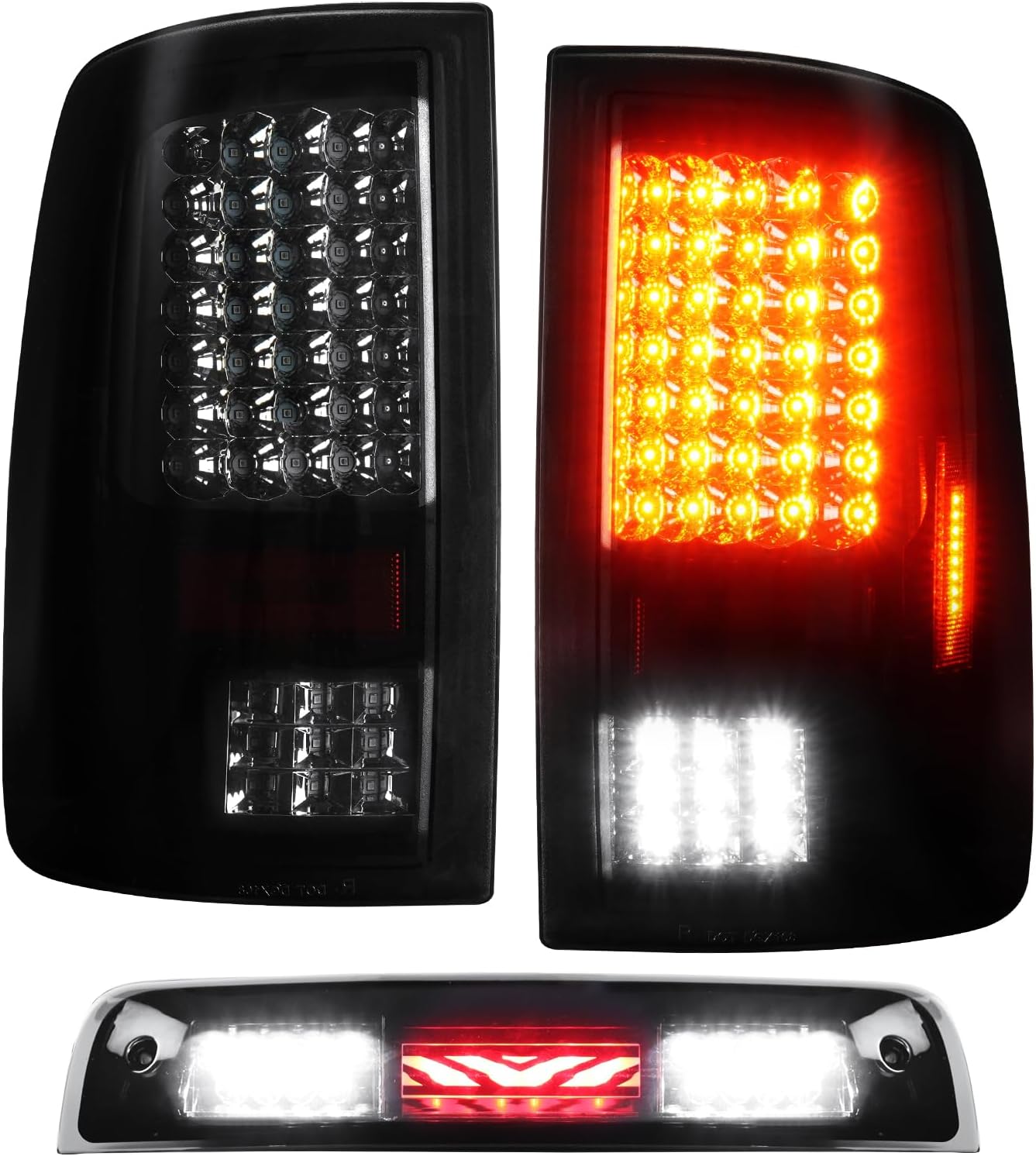 Smoke Lens LED Tail Light Assembly + 3rd Brake Cargo Lamp for 2009-2018 Dodge Ram 1500, 2010-2018 Ram 2500 3500, Only Fit factory Halogen/incandescent and Without Projector Headlights Models (3 Pack)
