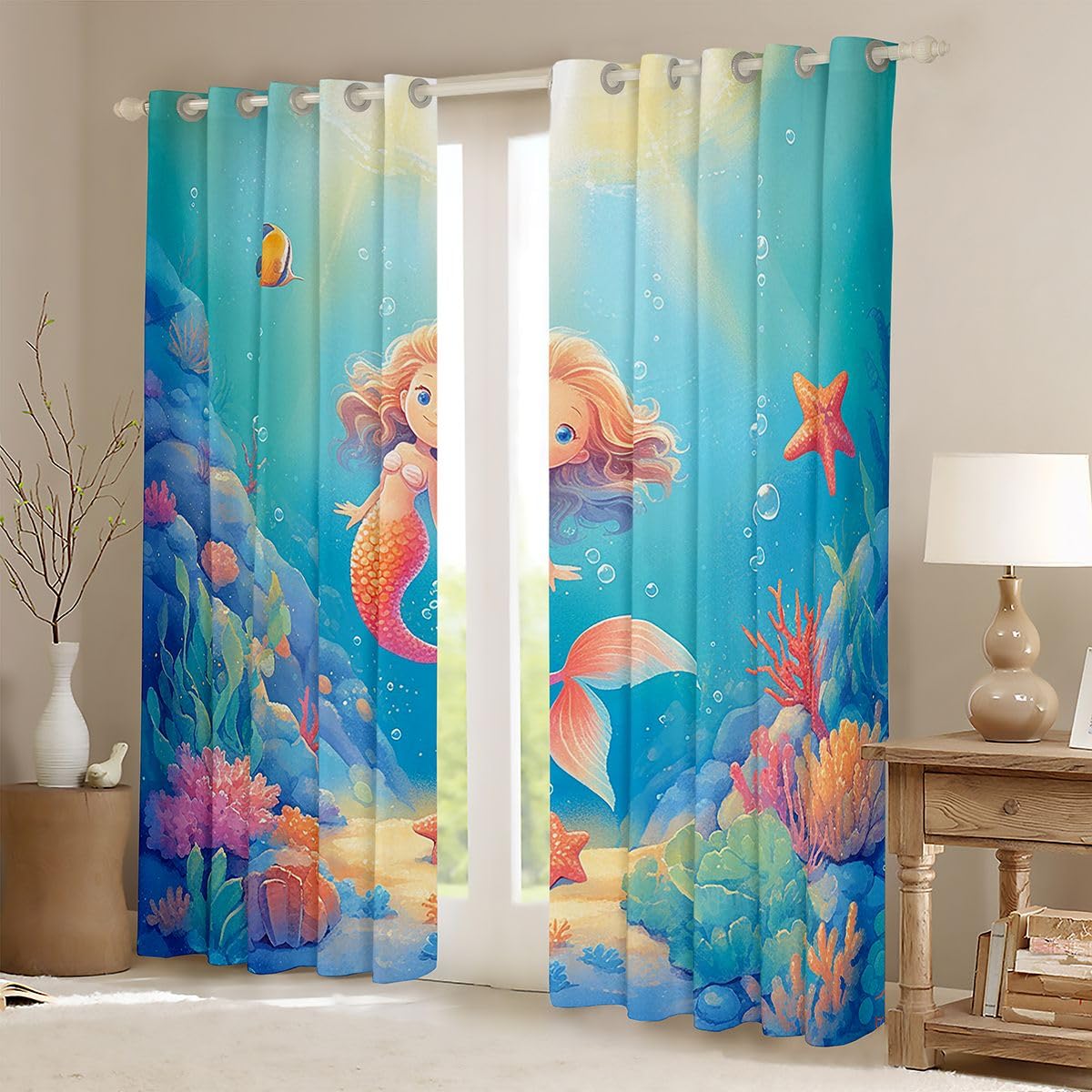 Homemissing tende oscuranti a sirena tende oscuranti con stelle marine corallo per camera da letto soggiorno decorazione creatura marina sfumature termoisolanti trattamenti per finestre a tema oceano