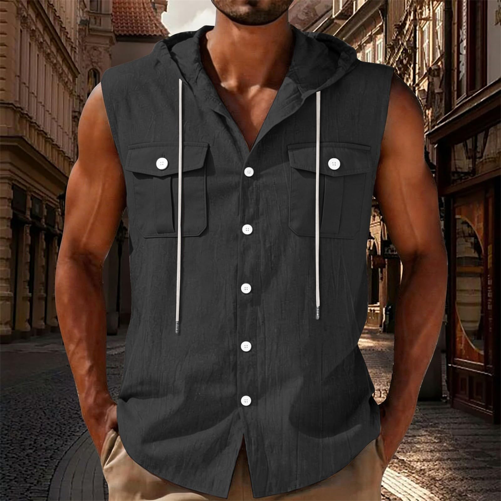 Camicia Senza Maniche con Cappuccio Uomo in Cotone E Lino vestibilità Ampia, Indumento di Moda per Sport E Vacanze sulla Spiaggia