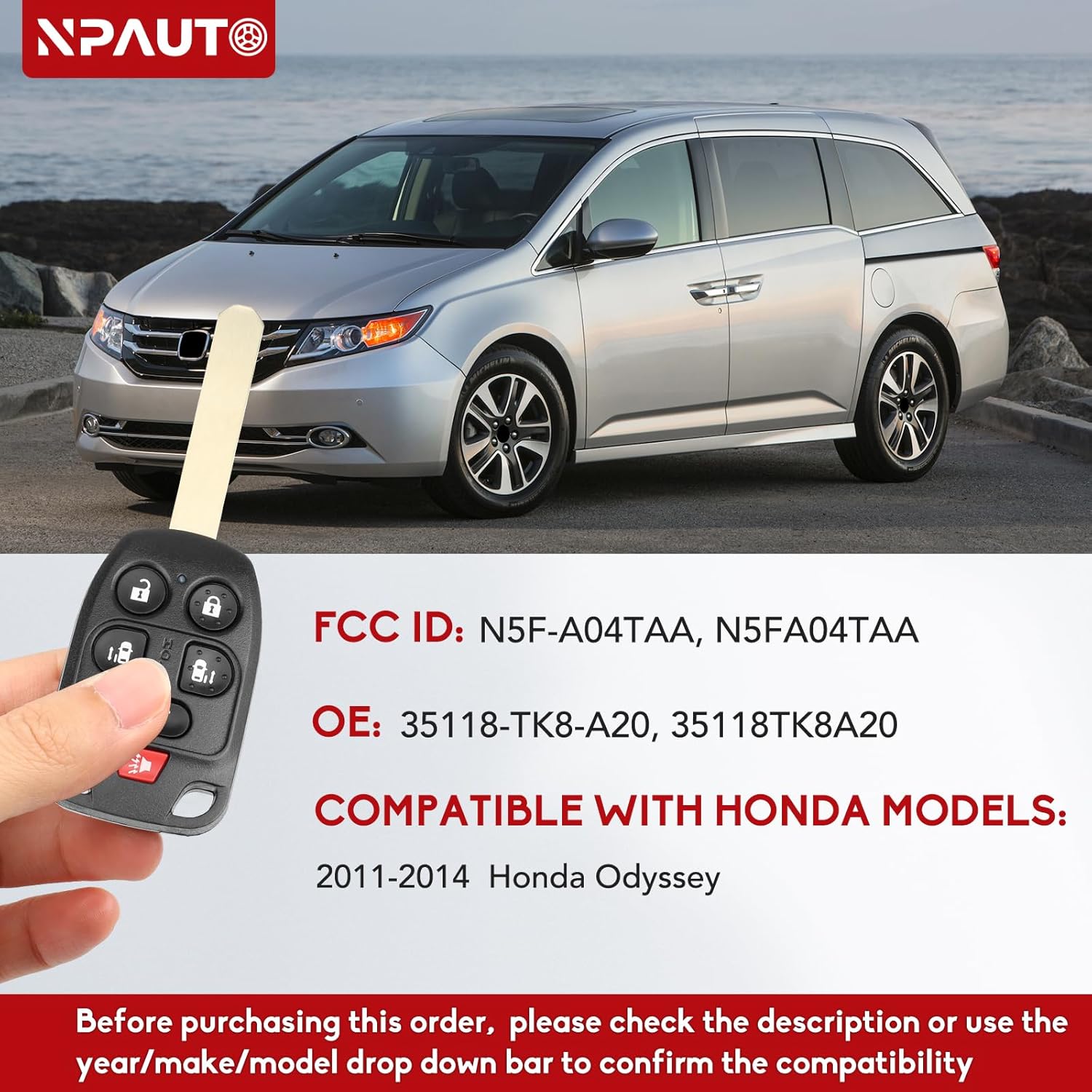 NPAUTO Key Fob Replacement Fits for Odyssey 2011 2012 2013 2014 - Keyless Entry Remote Control Head Car Key Fobs 6 Button Remote, N5F-A04TAA, 35118-TK8-A20