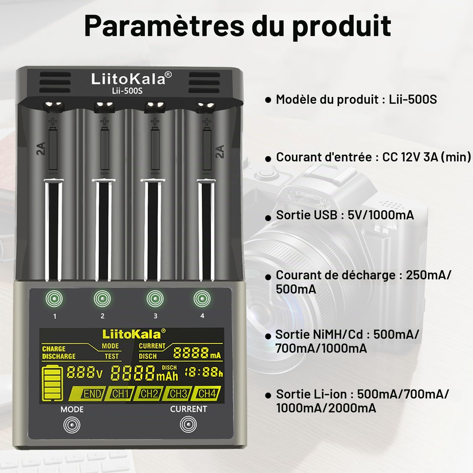 LiitoKala Lii-500S 18650 Chargeur de batterie rapide avec écran LCD Contrôle tactile Chargeur de batterie AA 4 emplacements avec adaptateur 12 V 3 A pour 10400 21700 Li-lion AA AAA Ni-MH Ni-CD
